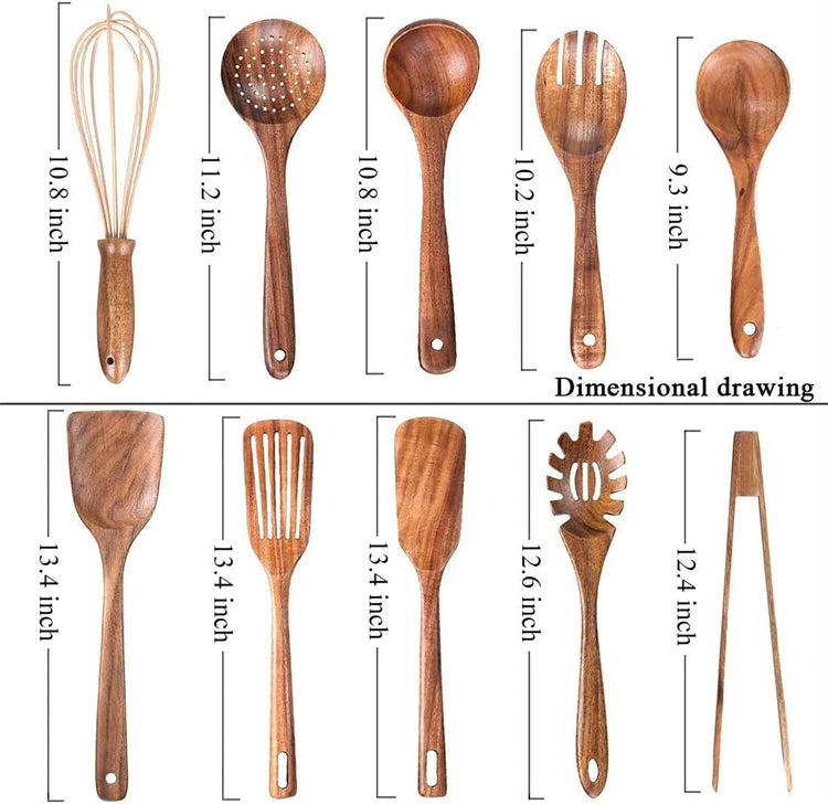 10-Piece Natural Teak Wooden Kitchen Utensil Set