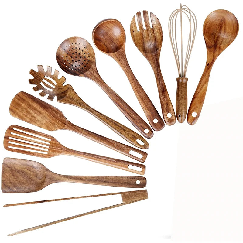 10-Piece Natural Teak Wooden Kitchen Utensil Set