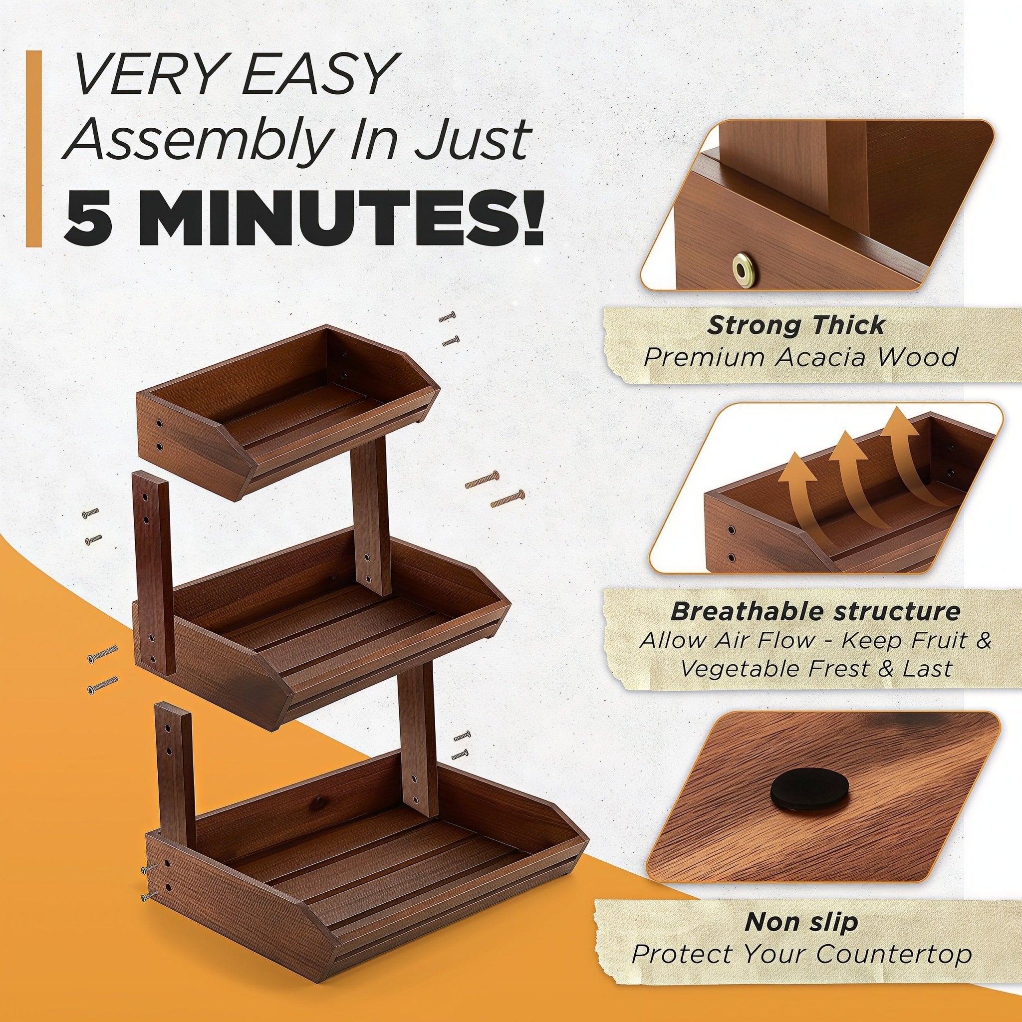 Oakory 3-tier acacia basket with 5-minute assembly, premium acacia wood, breathable design