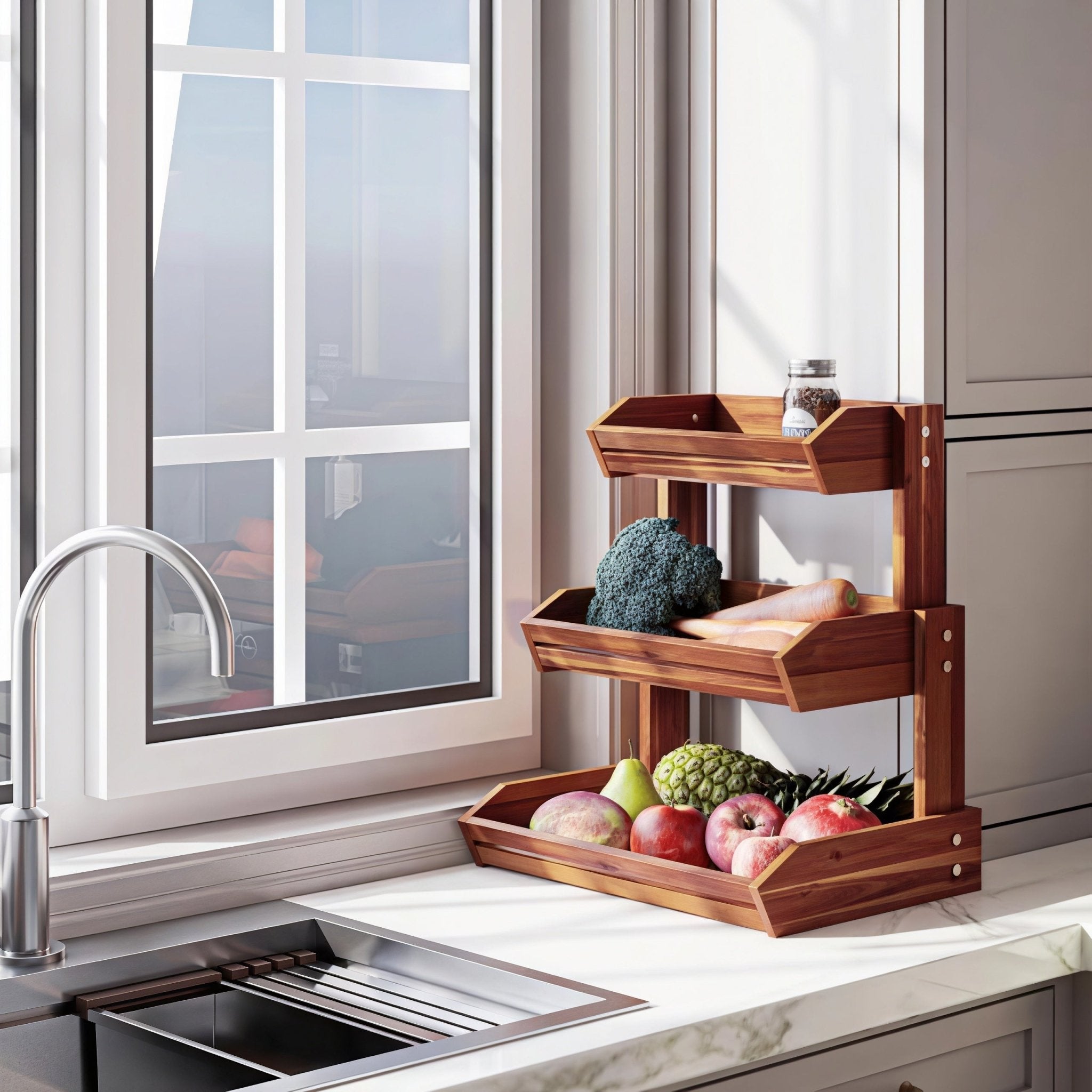 Oakory 3-tier acacia basket displayed by kitchen sink, storing fresh produce and spices