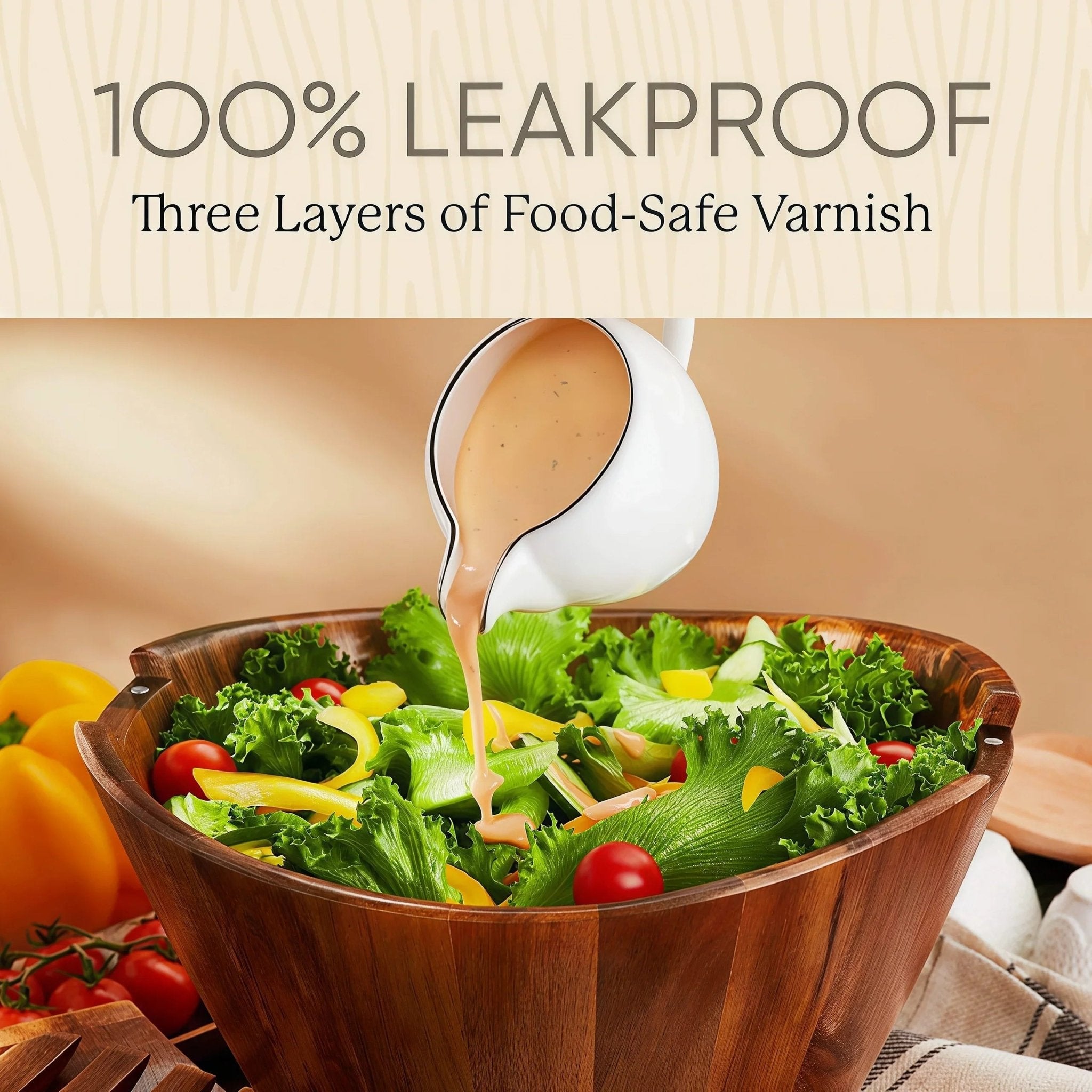 Oakory leakproof acacia wood salad bowl with three layers of food-safe varnish, holding salad dressing