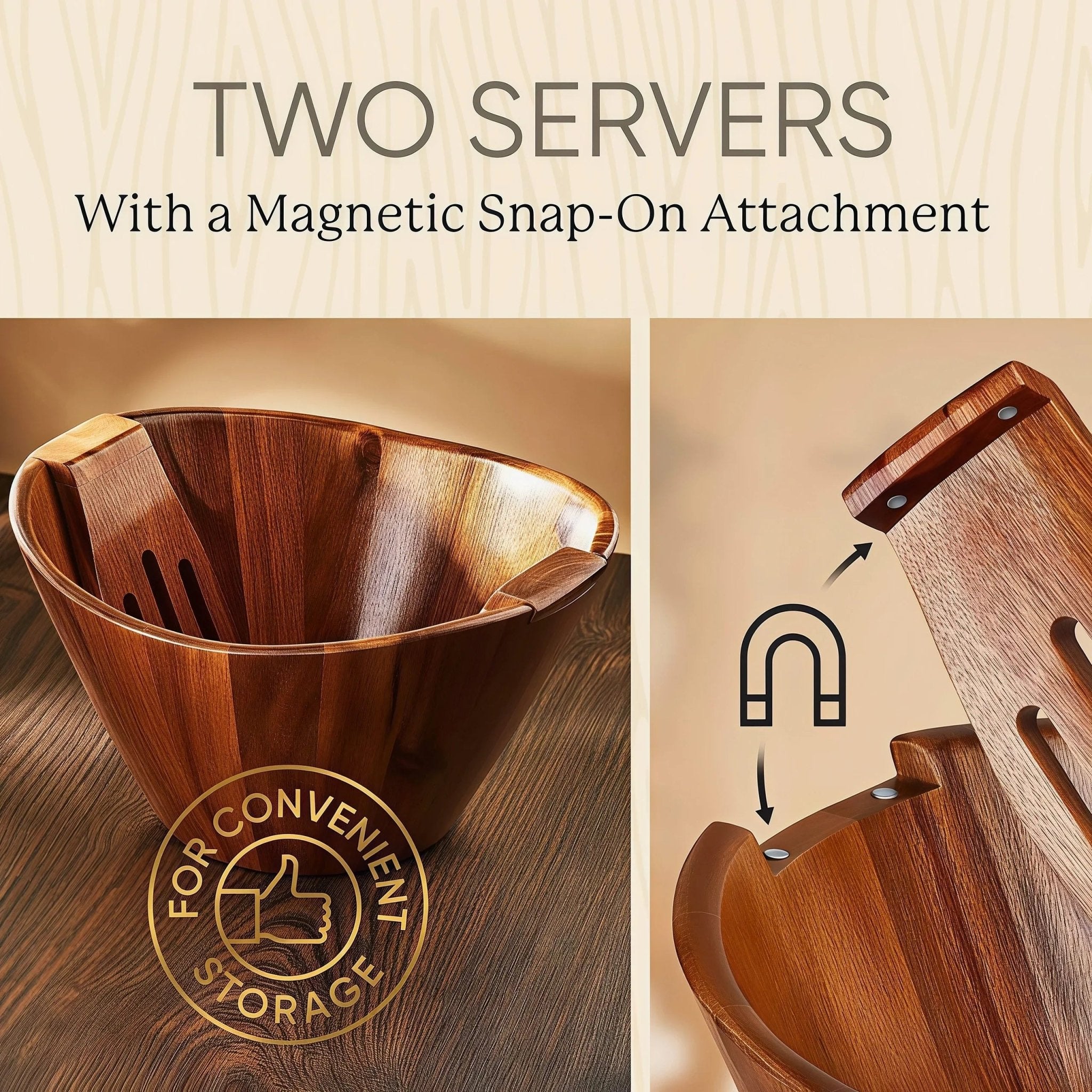 Oakory acacia wood salad bowl set with magnetic snap-on serving forks for convenient storage