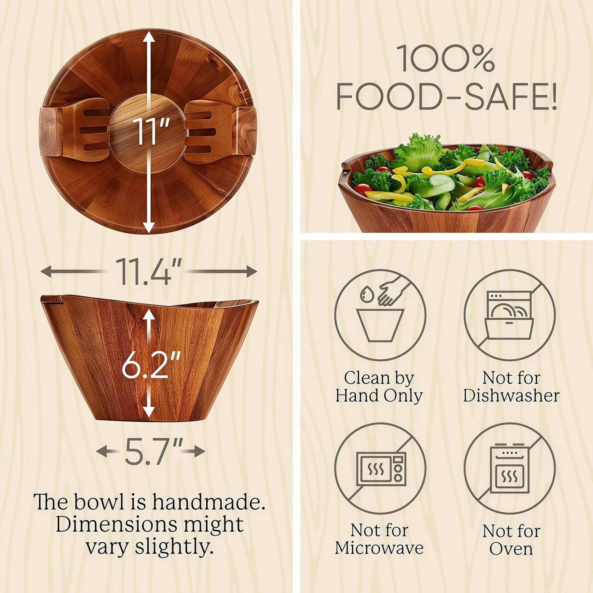 Size specifications of Oakory acacia wood salad bowl: 11" diameter x 6.2" height, food-safe care instructions