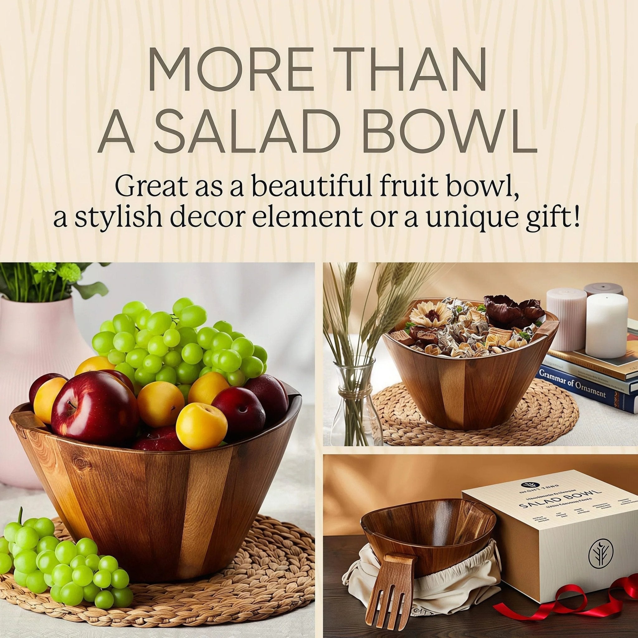 Oakory multi-purpose acacia wood salad bowl used as fruit bowl, decor, and gift set