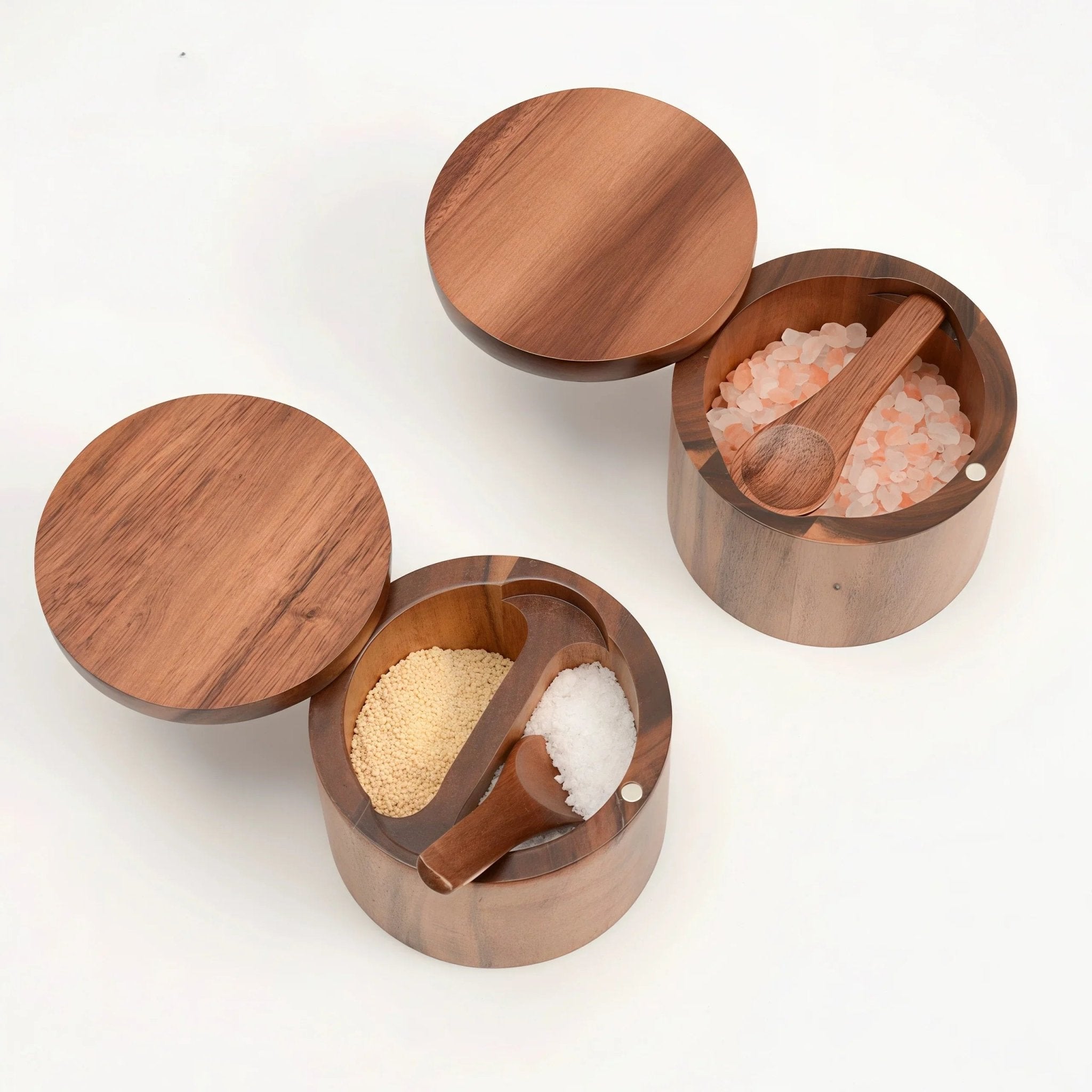Oakory acacia wood salt and spice cellars set with dual compartments and spoons