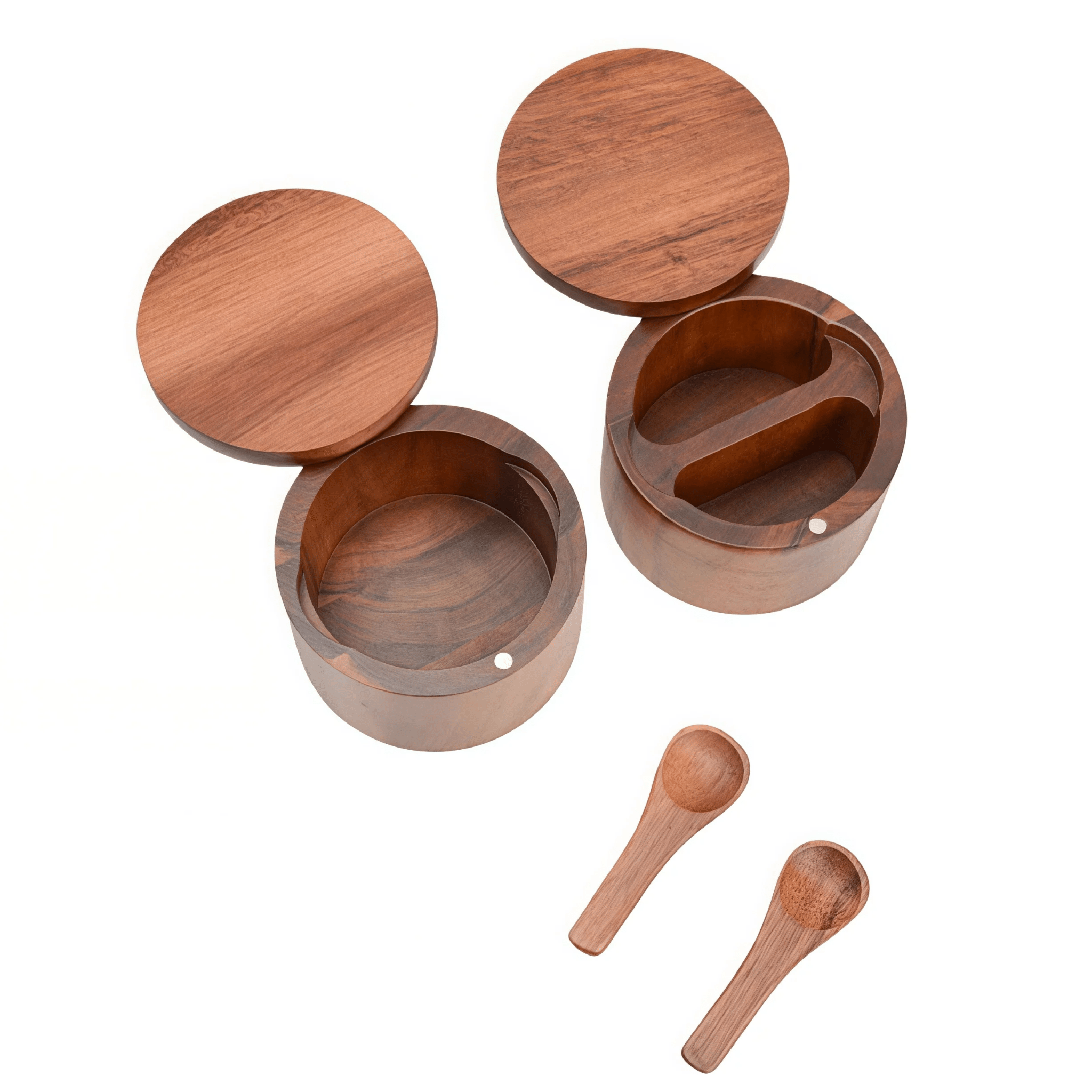 Oakory acacia wood salt cellar with dual compartments and matching wooden spoons