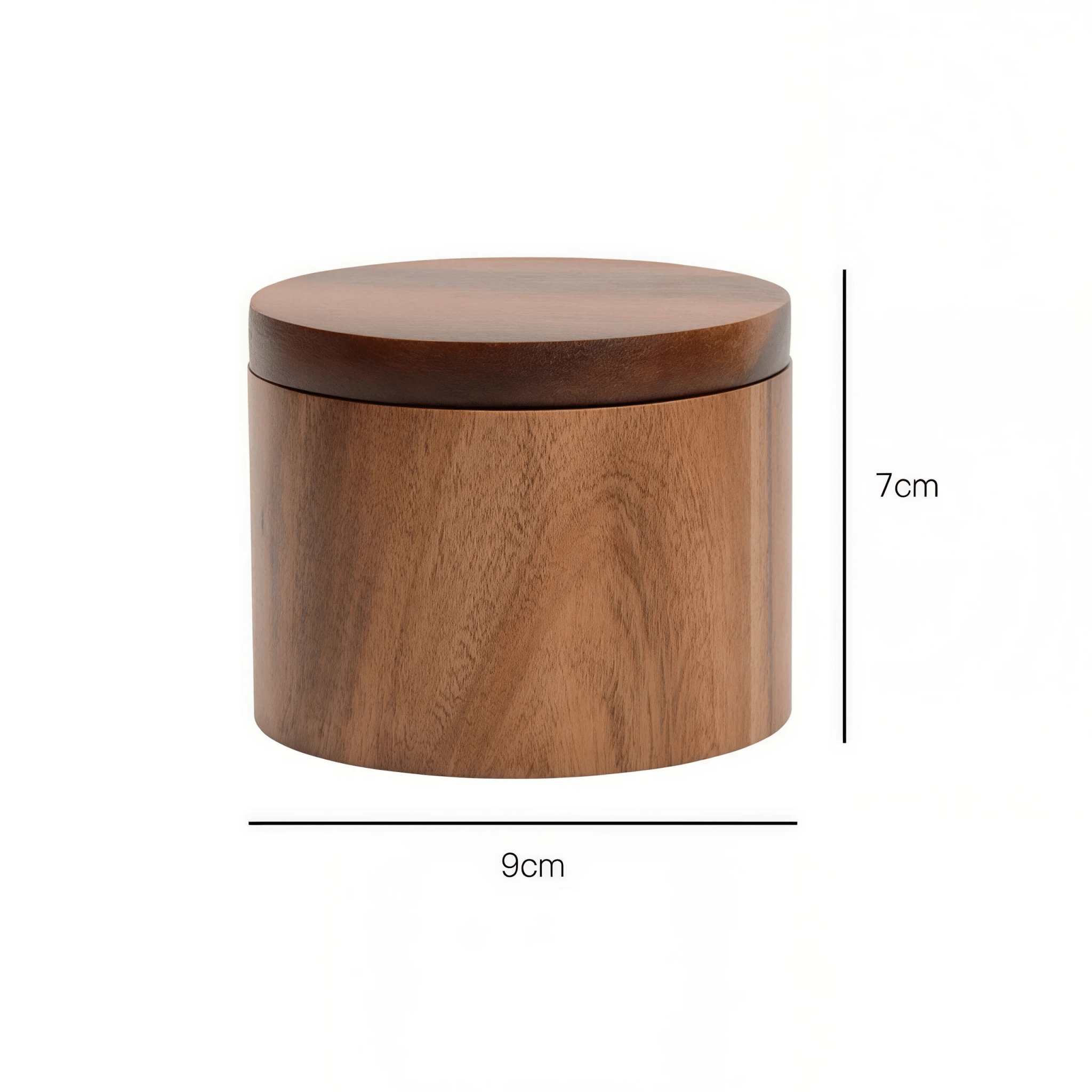 Size specifications of Oakory acacia wood salt cellar: 9cm diameter x 7cm height