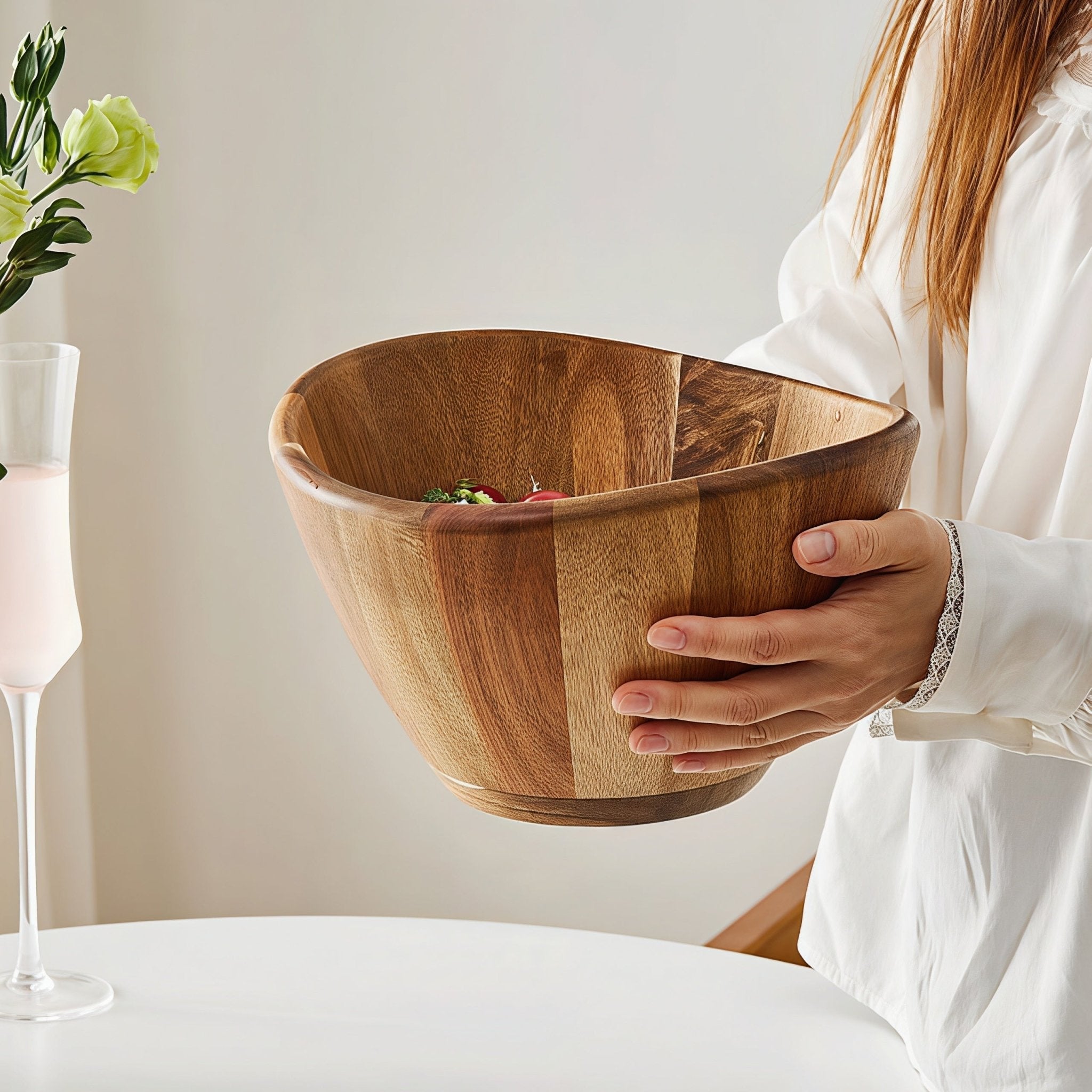 Oakory acacia wave salad bowl held by hands, showing ergonomic size and natural wood finish