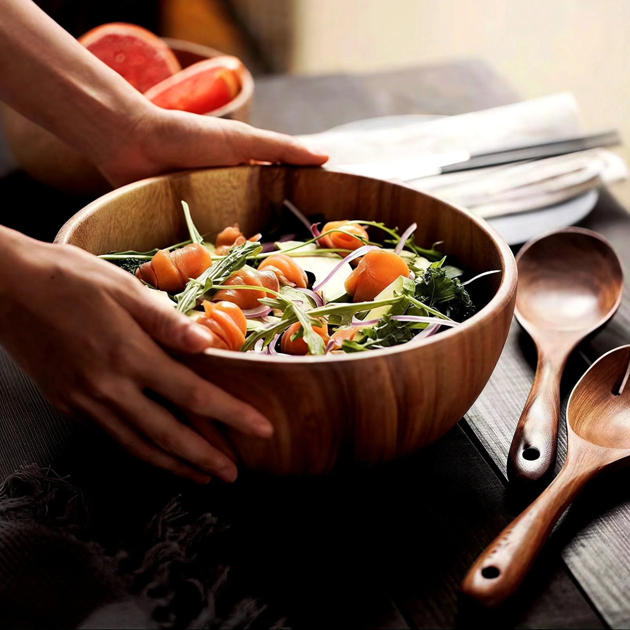 Oakory acacia wooden salad bowl set with fresh salmon salad, styled for modern dining