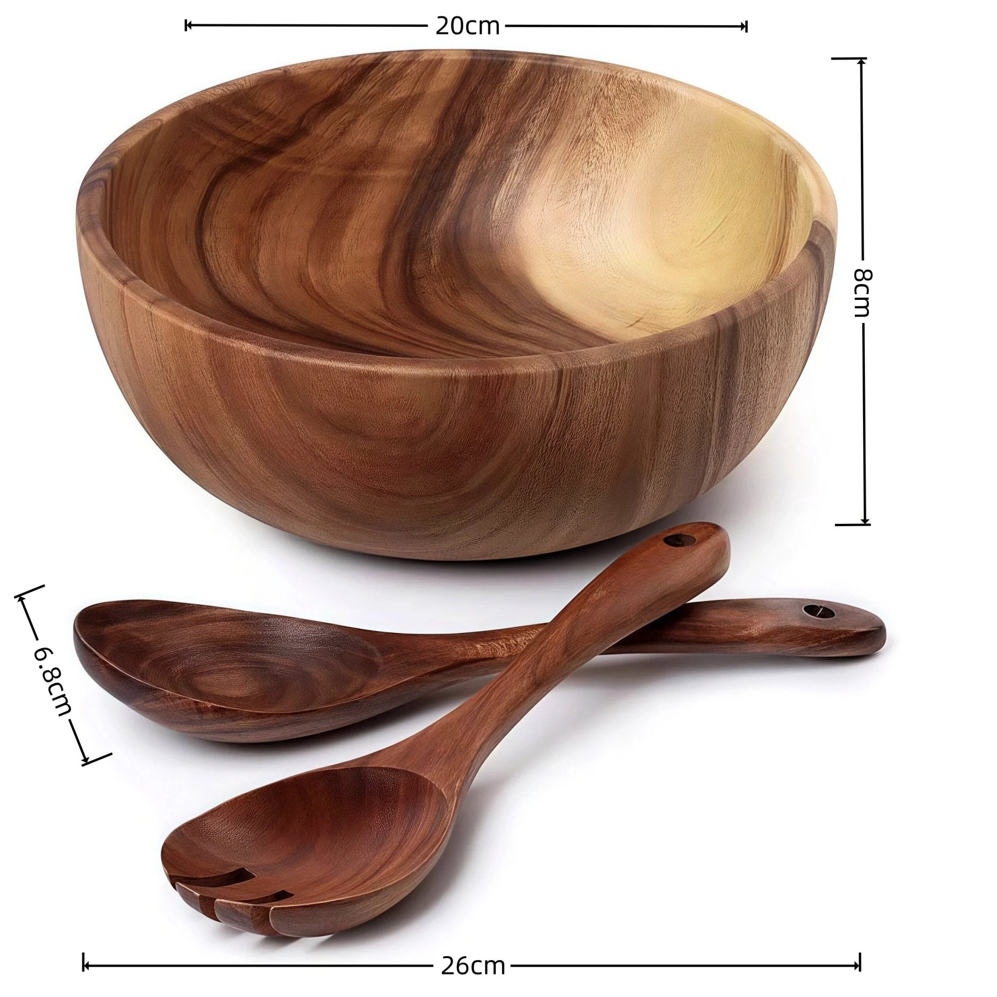 Size specifications of Oakory acacia wood salad bowl set: bowl (20cm x 8cm), utensils (26cm x 6.8cm)