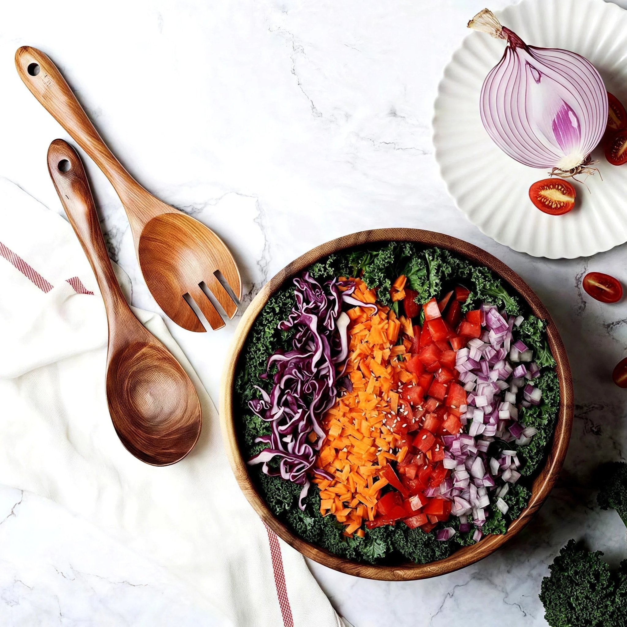 Oakory organic acacia wood salad serving set with colorful vegetable salad