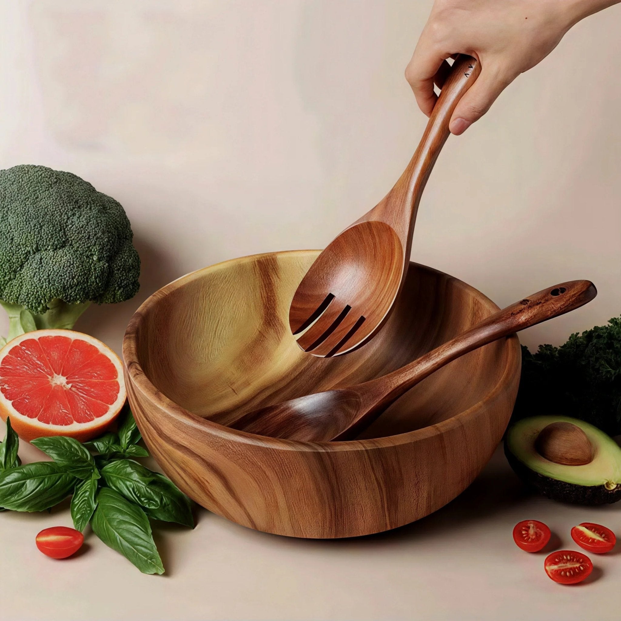 Oakory acacia wooden salad utensils used for mixing fresh vegetables in a wooden bowl