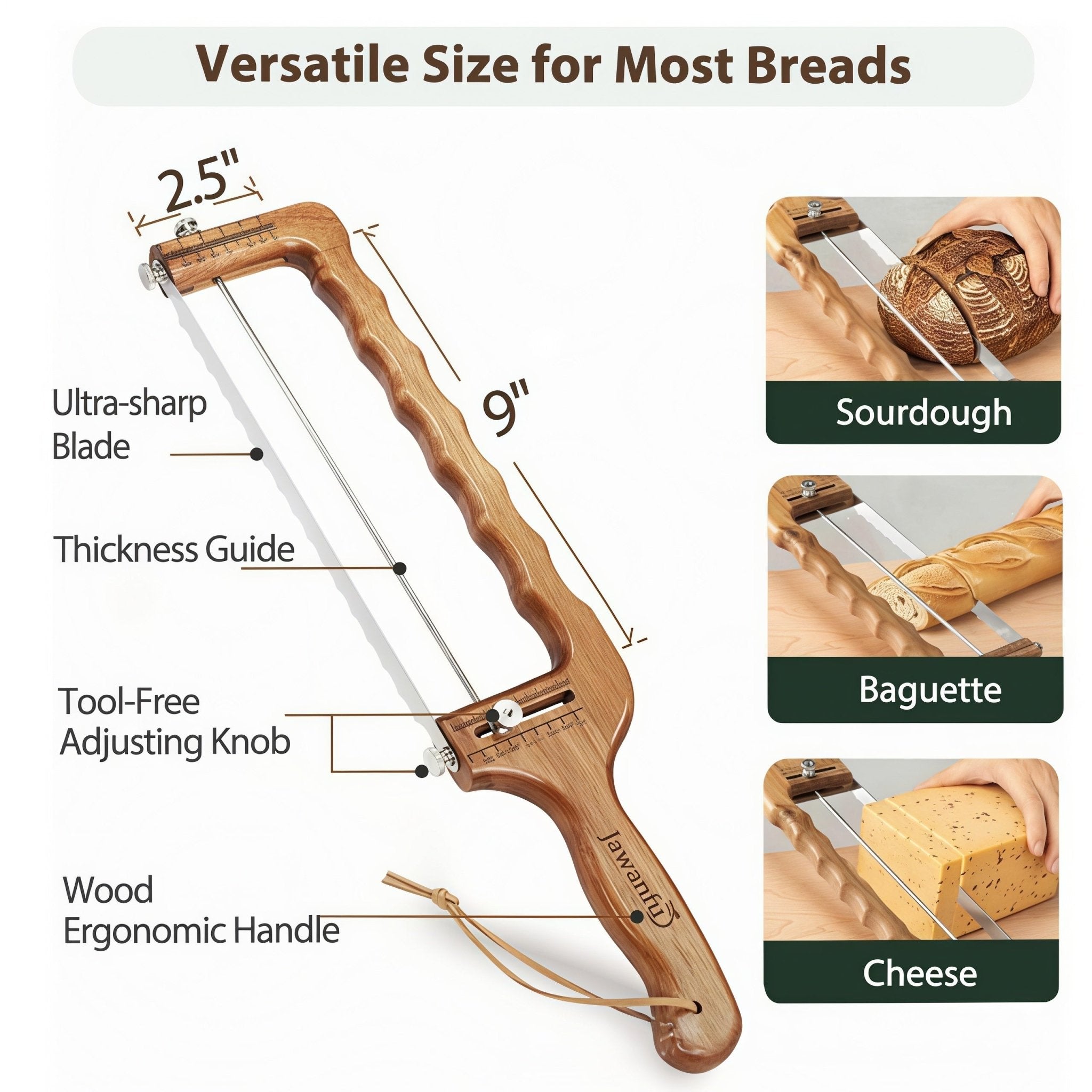 Adjustable Bamboo Bread Slicer - Serrated Sourdough Bow Knife