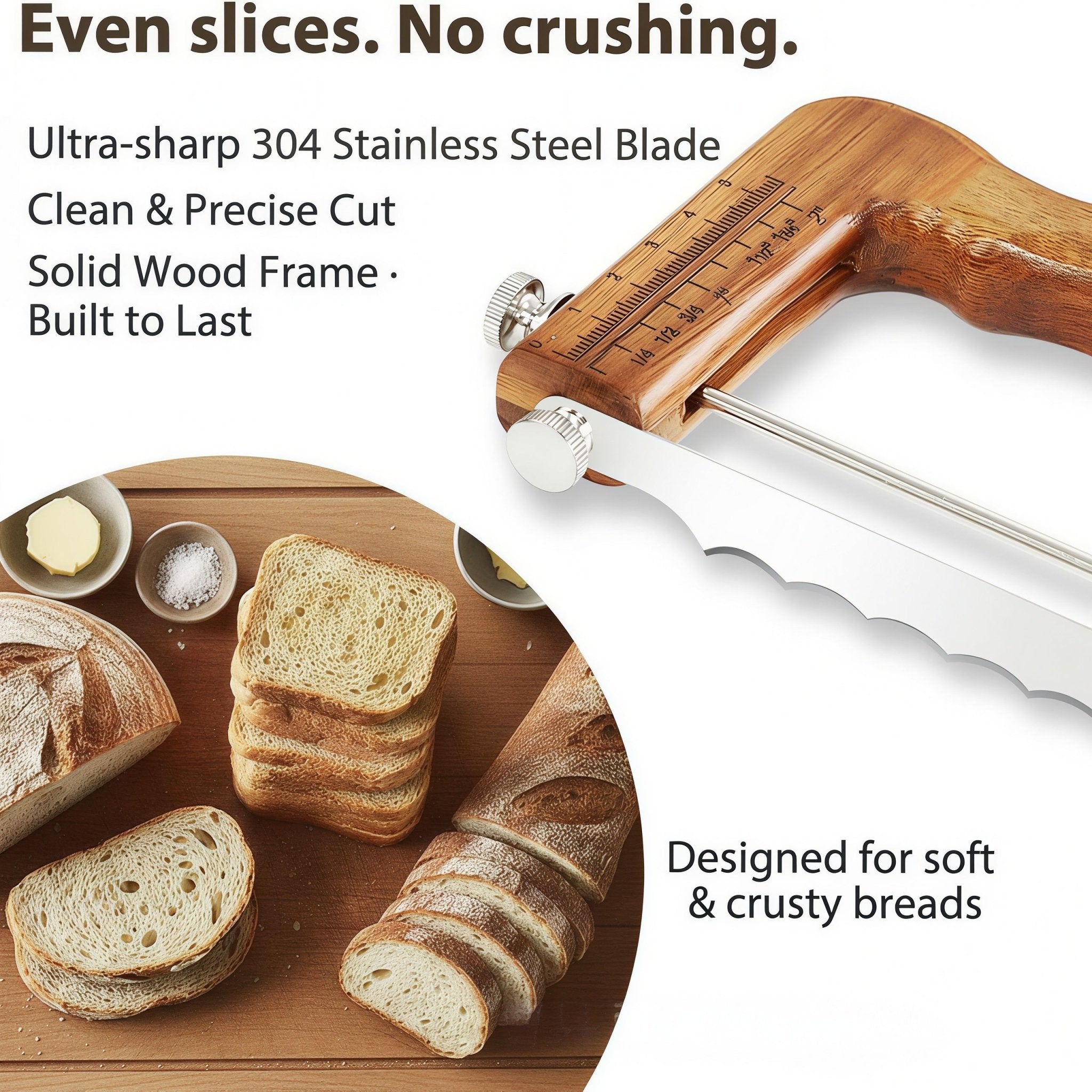 Adjustable Bamboo Bread Slicer - Serrated Sourdough Bow Knife