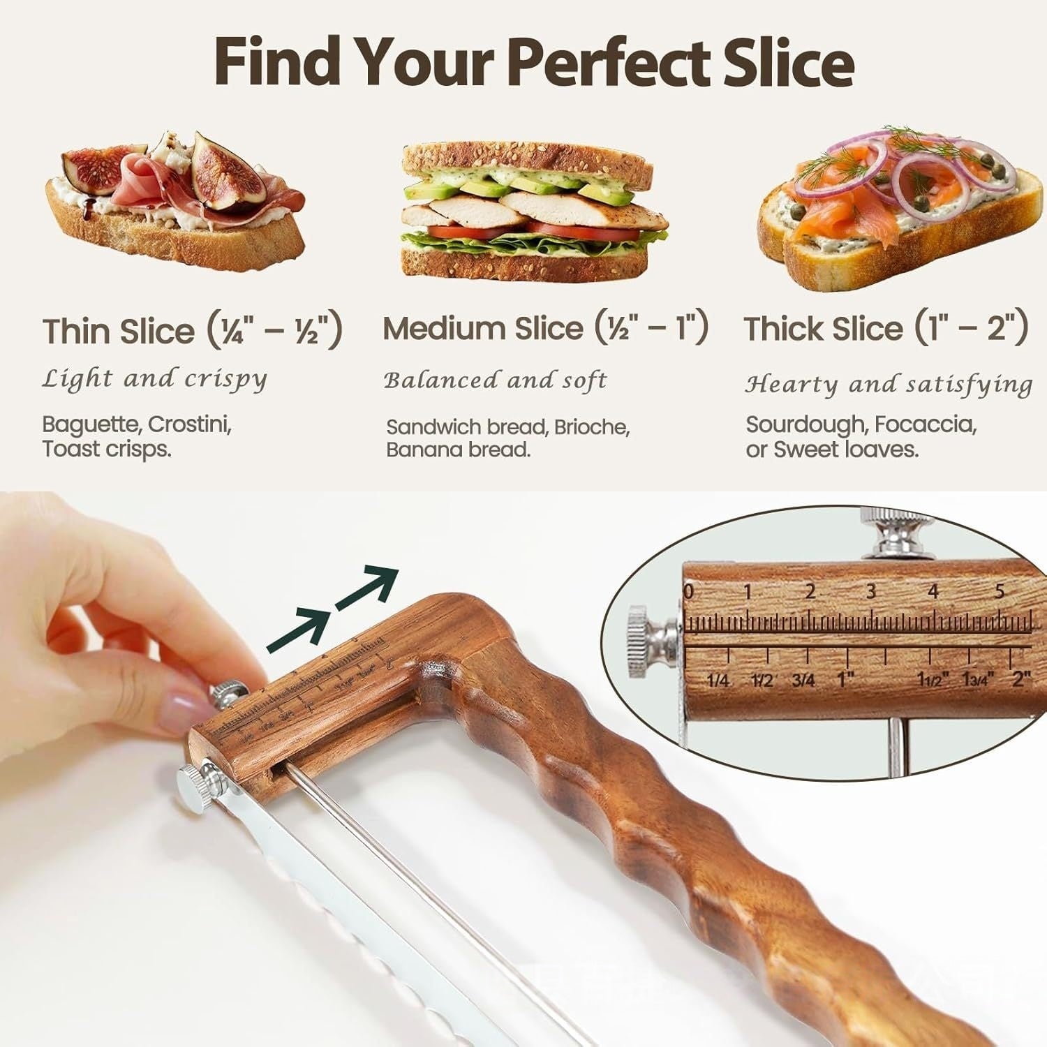 Adjustable Bamboo Bread Slicer - Serrated Sourdough Bow Knife