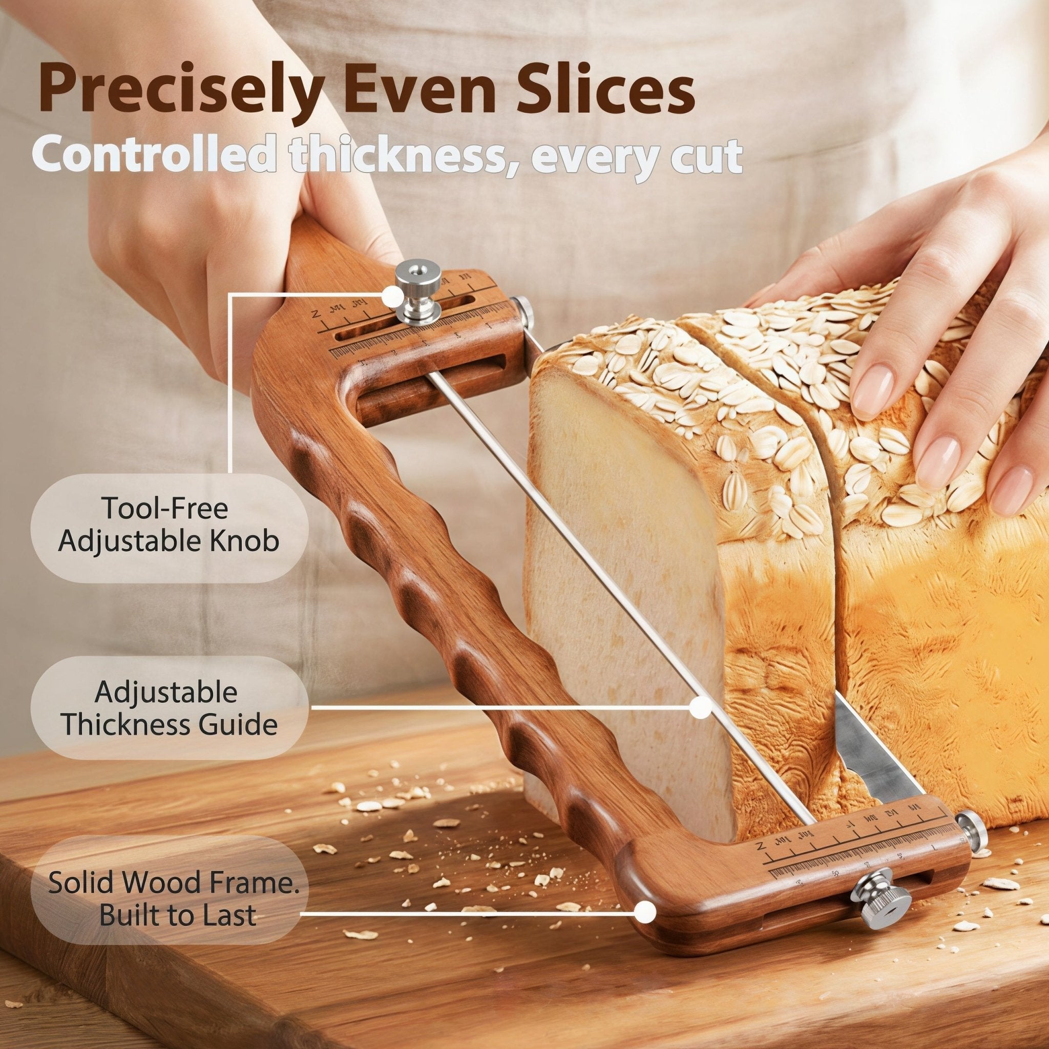 Adjustable Bamboo Bread Slicer - Serrated Sourdough Bow Knife