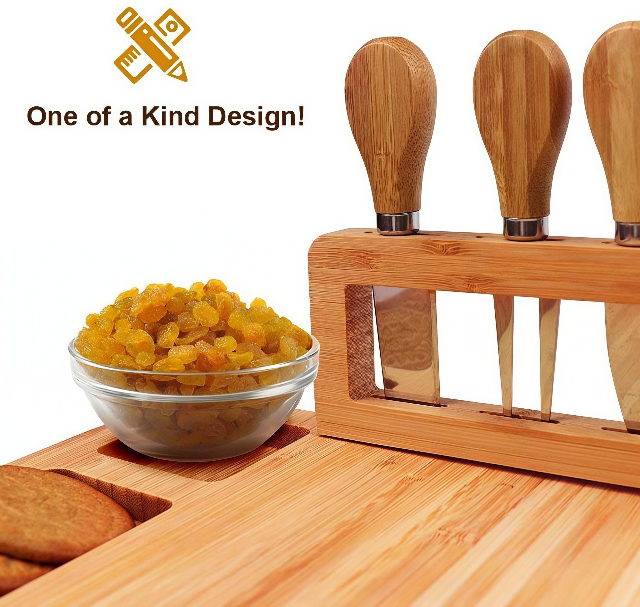 Oakory bamboo cheese board with one-of-a-kind knife holder for secure storage and tidy display
