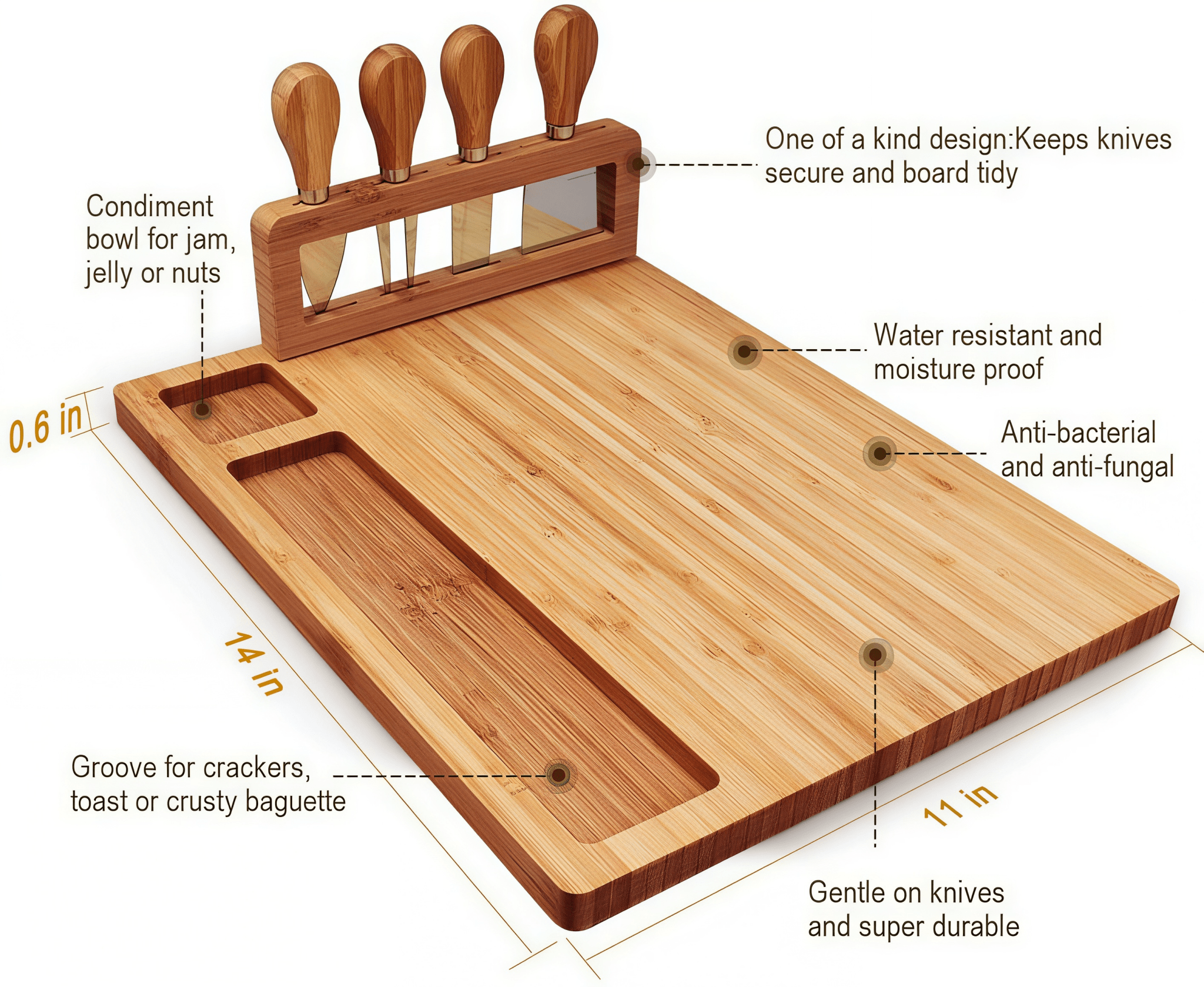 Size specifications of Oakory bamboo cheese board: 14in x 11in x 0.6in, with anti-bacterial and water-resistant finish