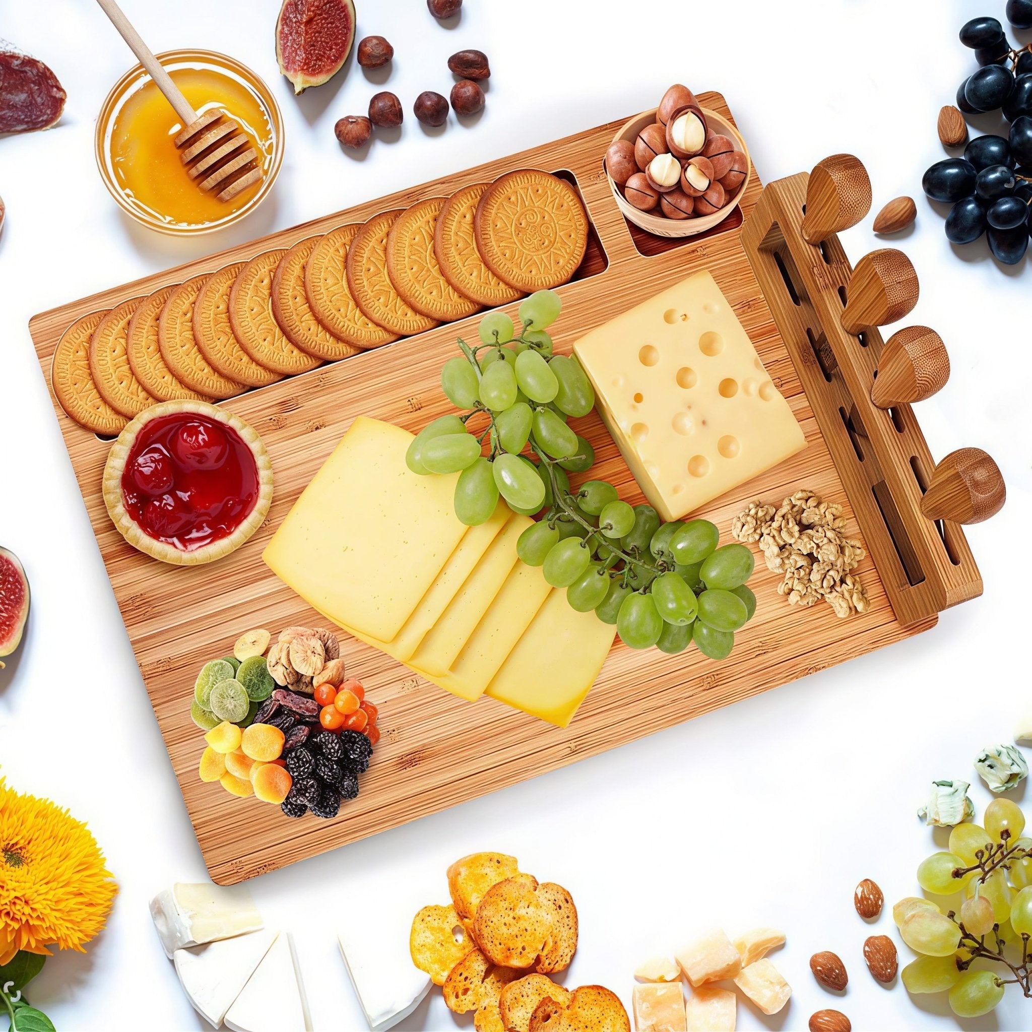 Oakory bamboo charcuterie board styled with cheese, grapes, and crackers for gatherings