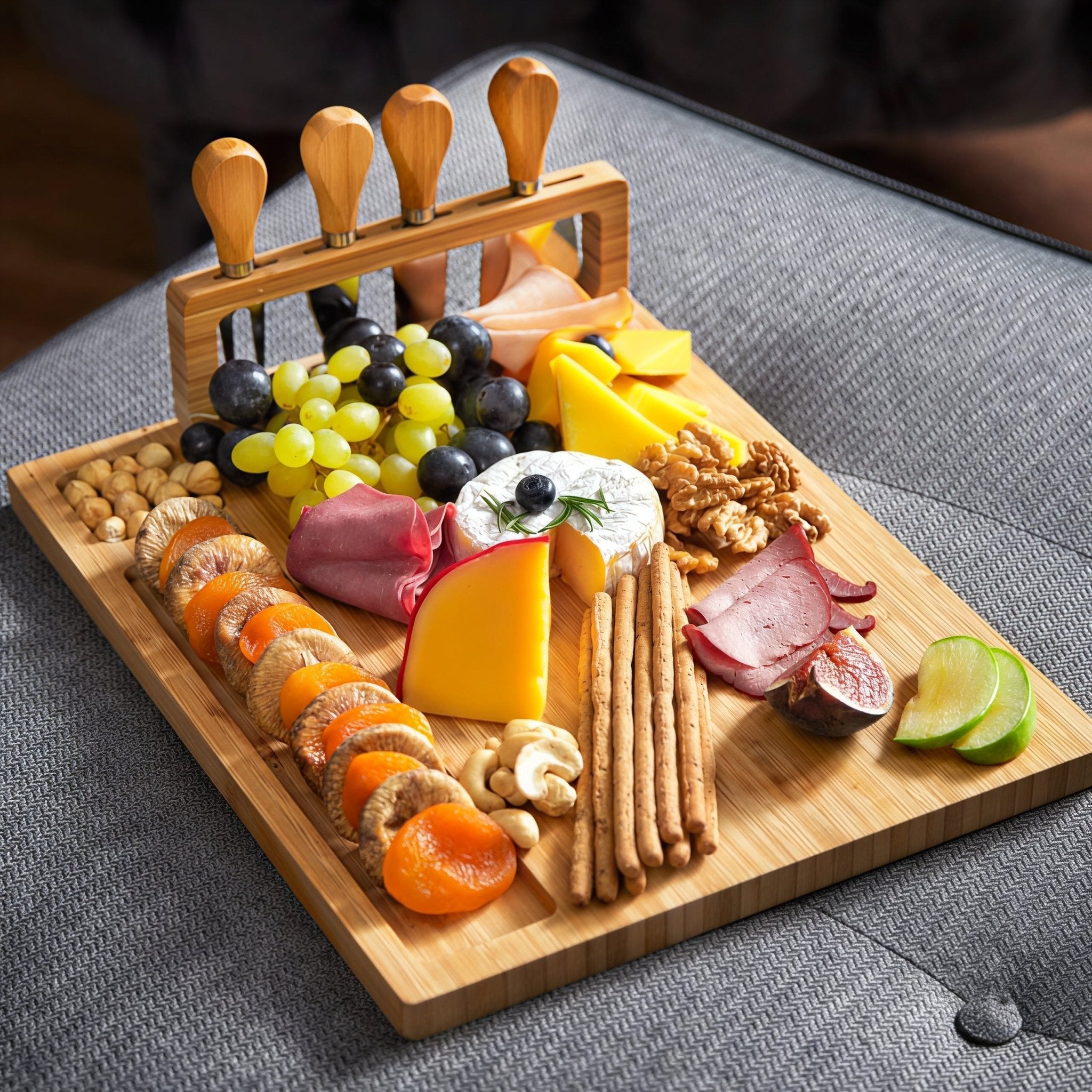 Oakory bamboo cheese board styled with gourmet cheese, cured meats, and dried fruits for party serving