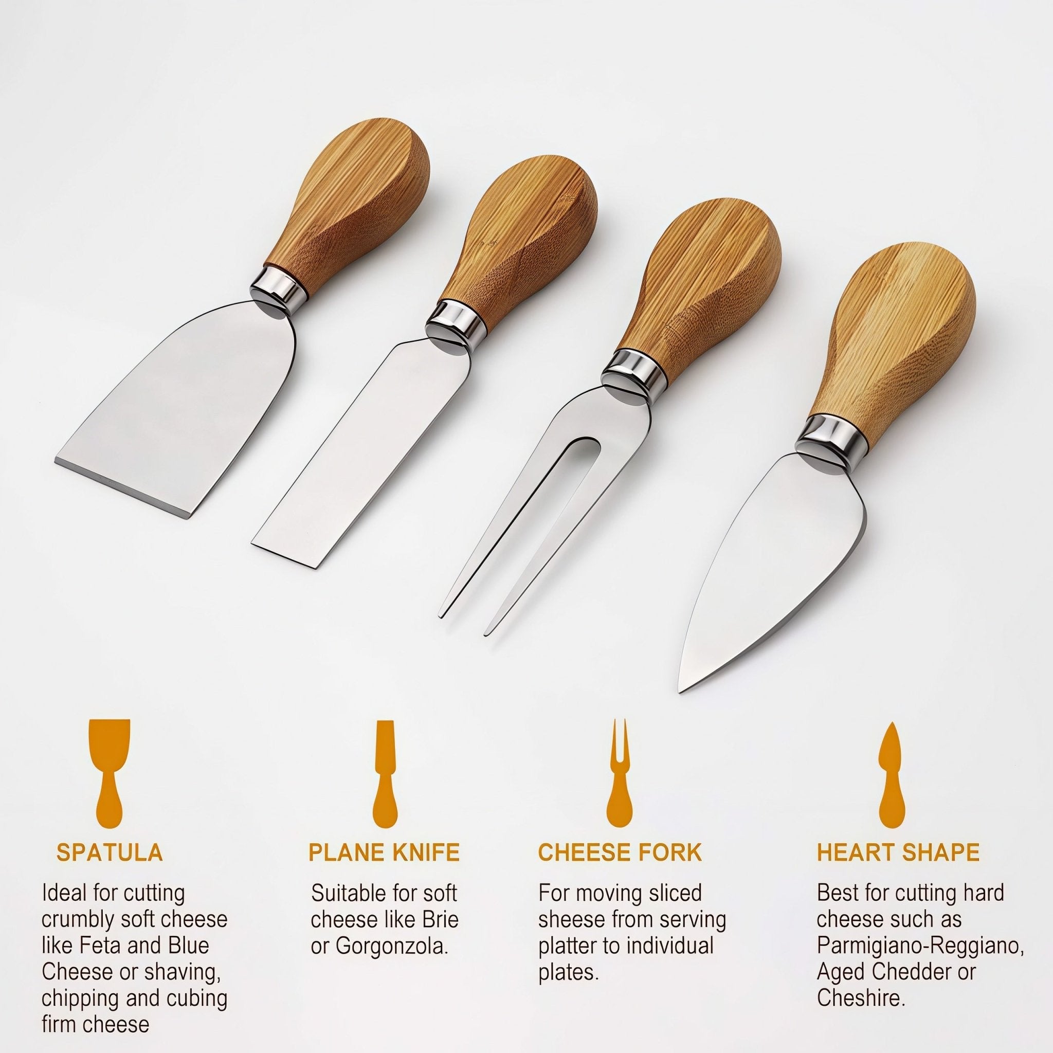 Oakory bamboo cheese board knife set: spatula, plane knife, cheese fork, and heart-shaped knife for different cheeses