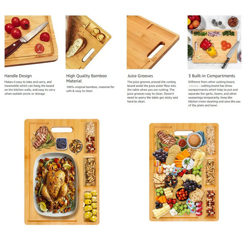 Oakory multi-functional bamboo cutting board with juice grooves, compartments, and handle