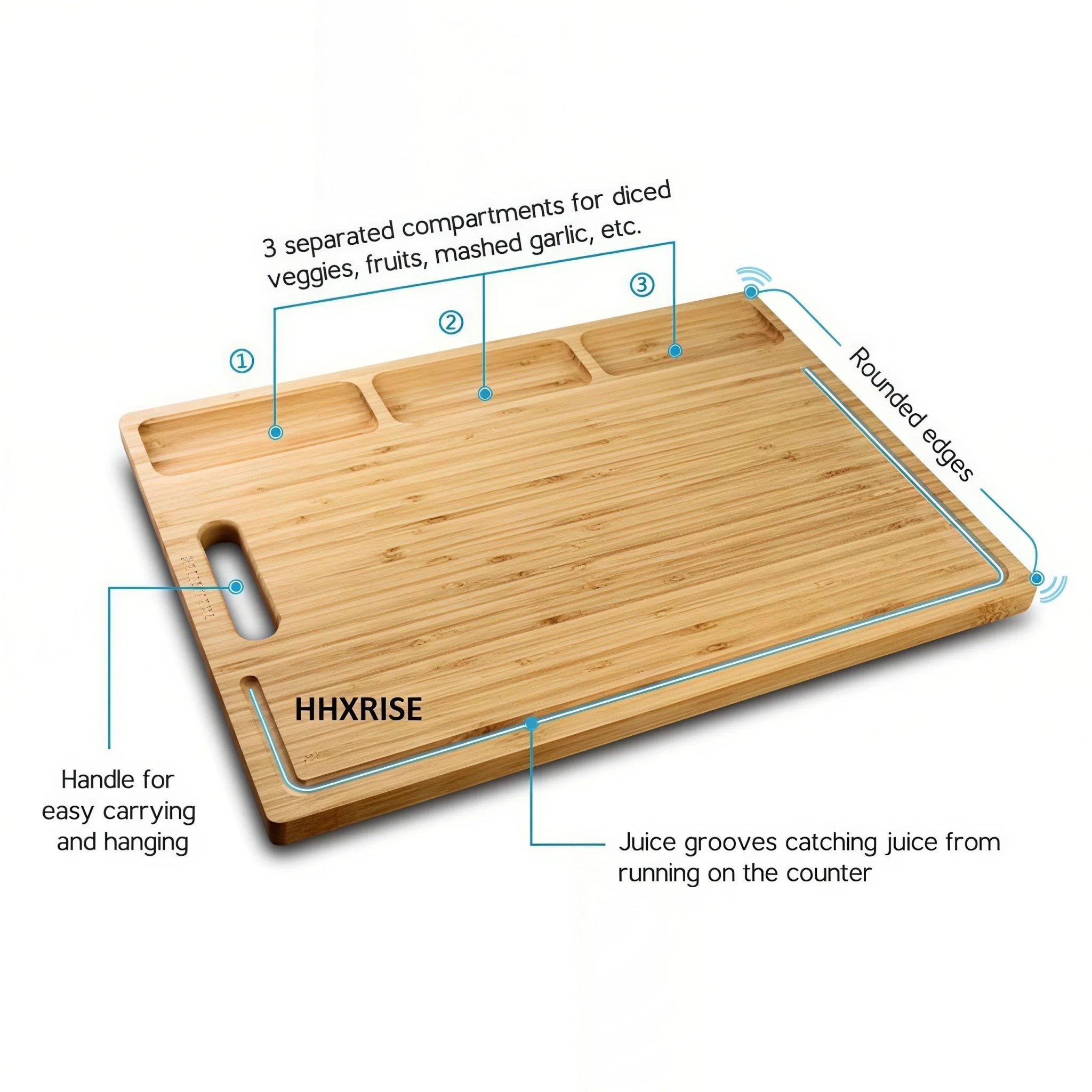 Oakory bamboo cutting board with labeled features: compartments, juice grooves, and handle