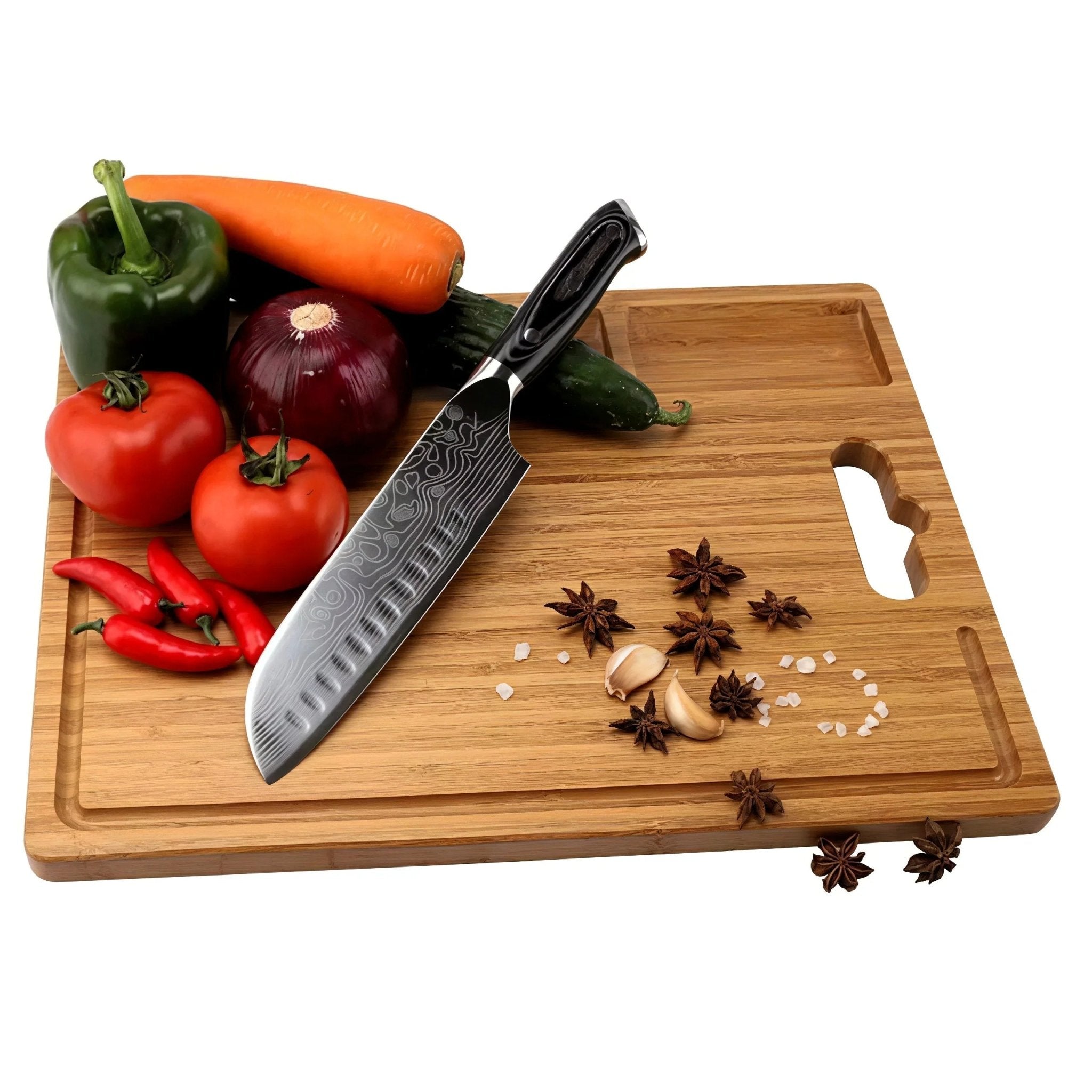 Oakory bamboo cutting board used for prepping fresh vegetables with chef knife