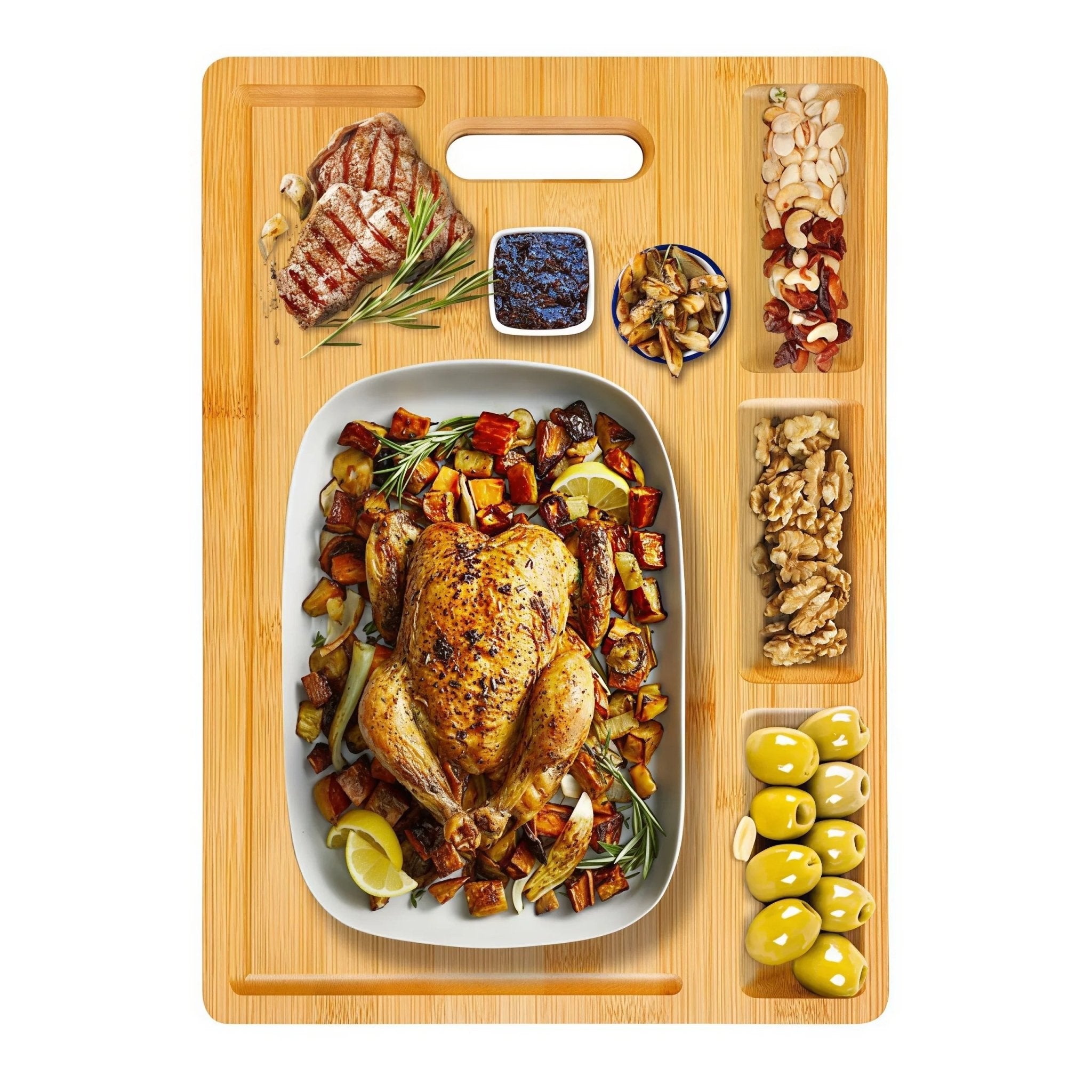 Oakory bamboo serving board styled with roasted chicken and appetizers for family dinner