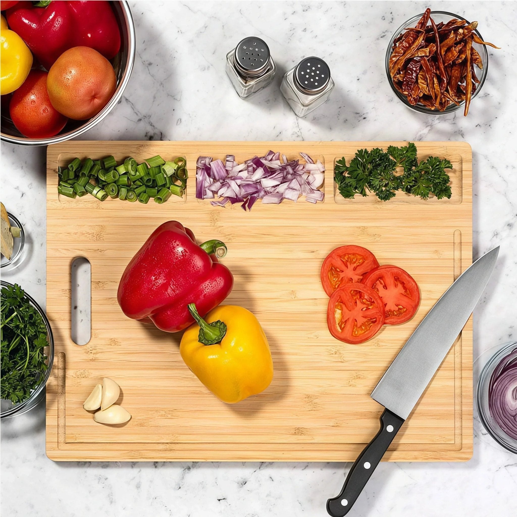 Oakory bamboo cutting board used for meal prep with fresh veggies and knife