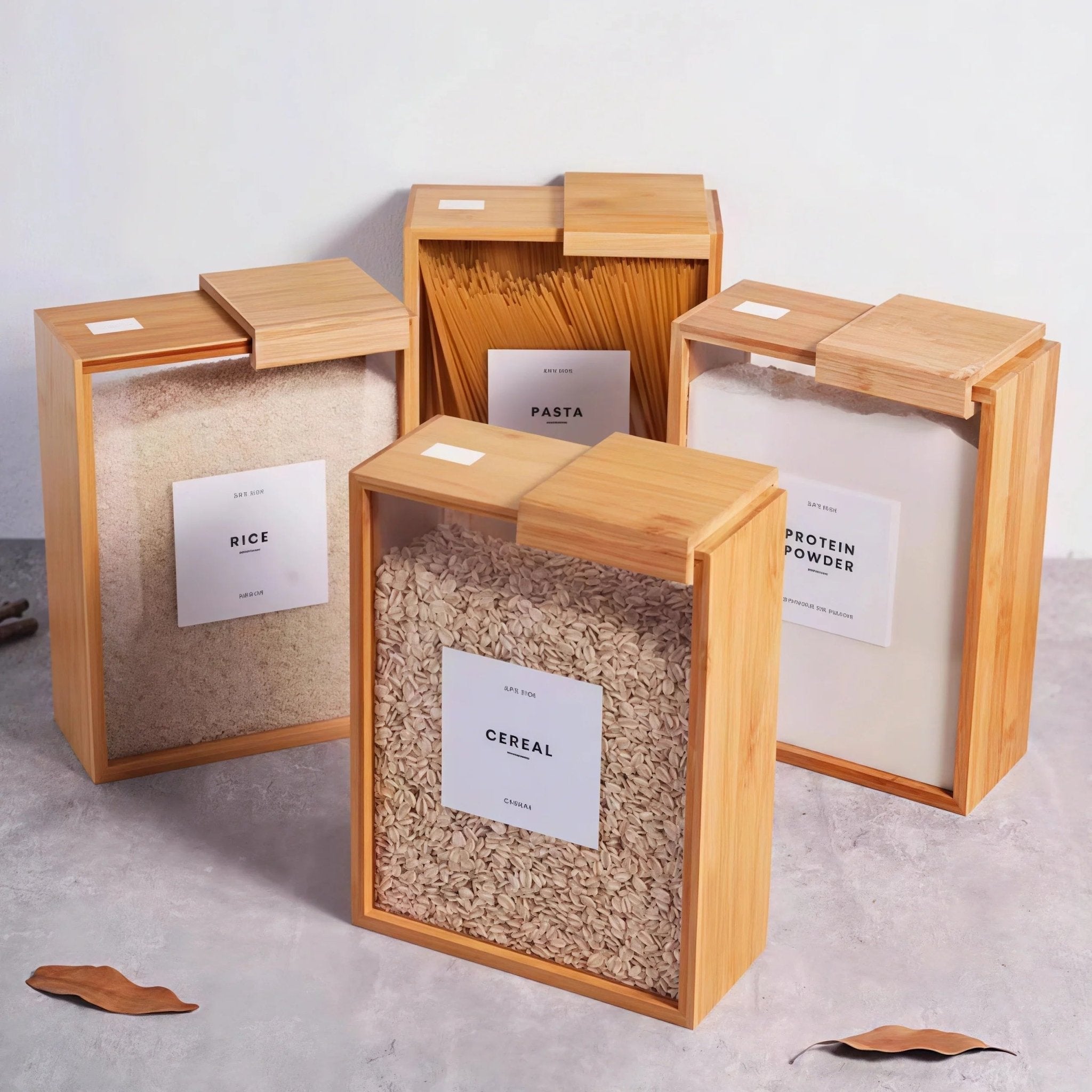 Oakory elegant bamboo food storage containers styled on concrete floor with rice, pasta, and cereal