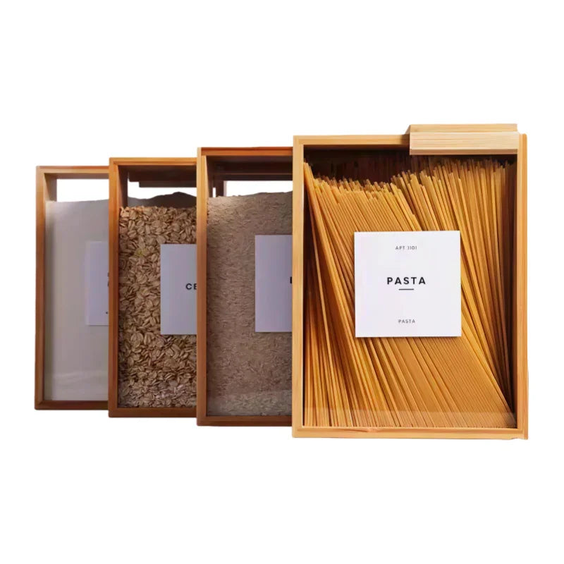 Oakory nesting bamboo food storage containers, showing varying sizes for different ingredients