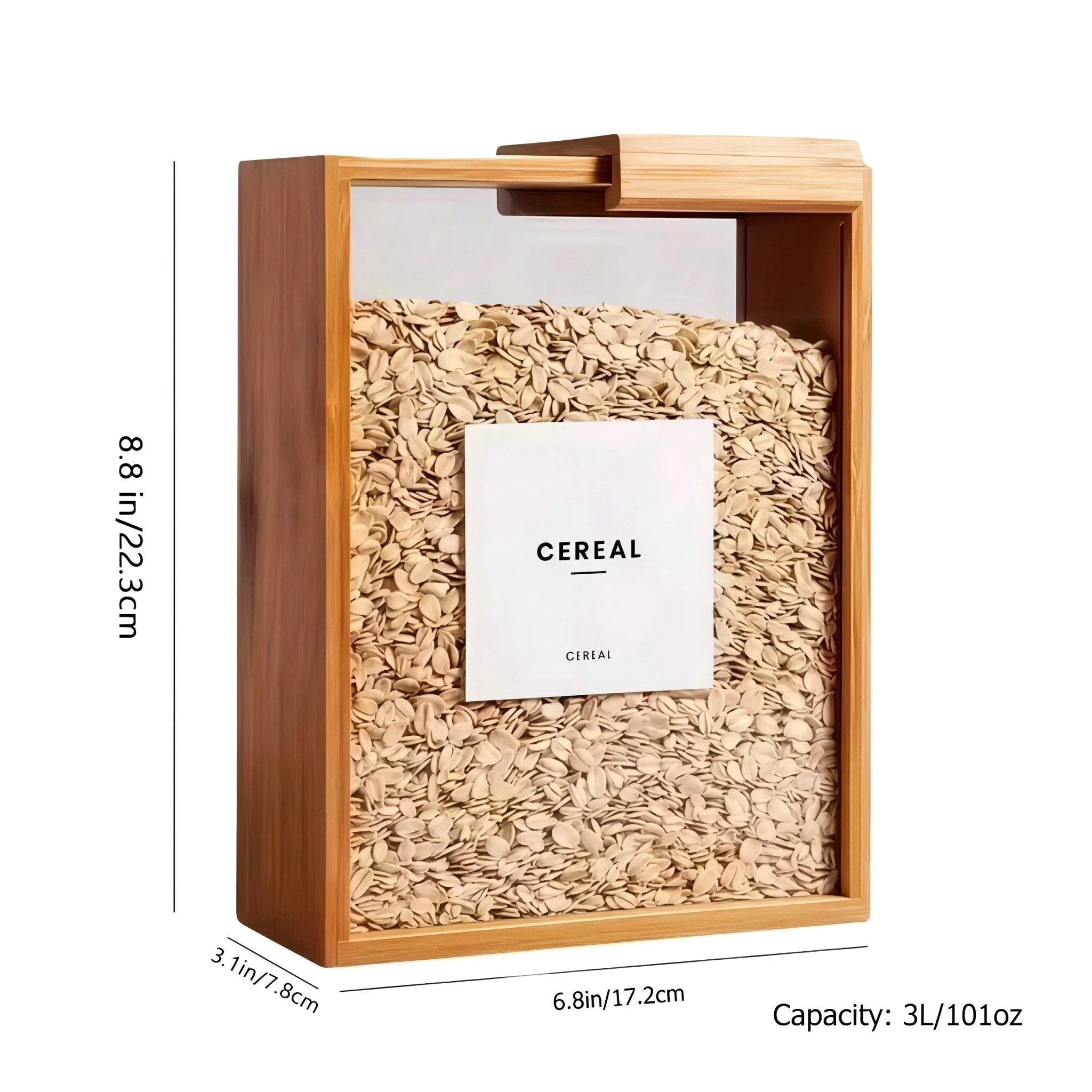 Size specifications of Oakory bamboo food storage container: 8.8in x 6.8in x 3.1in, 3L capacity