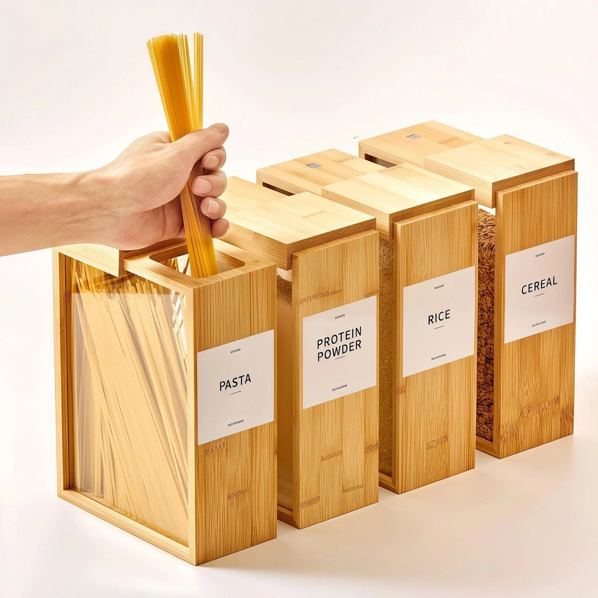 Oakory bamboo pasta storage container with sliding lid, used for retrieving spaghetti