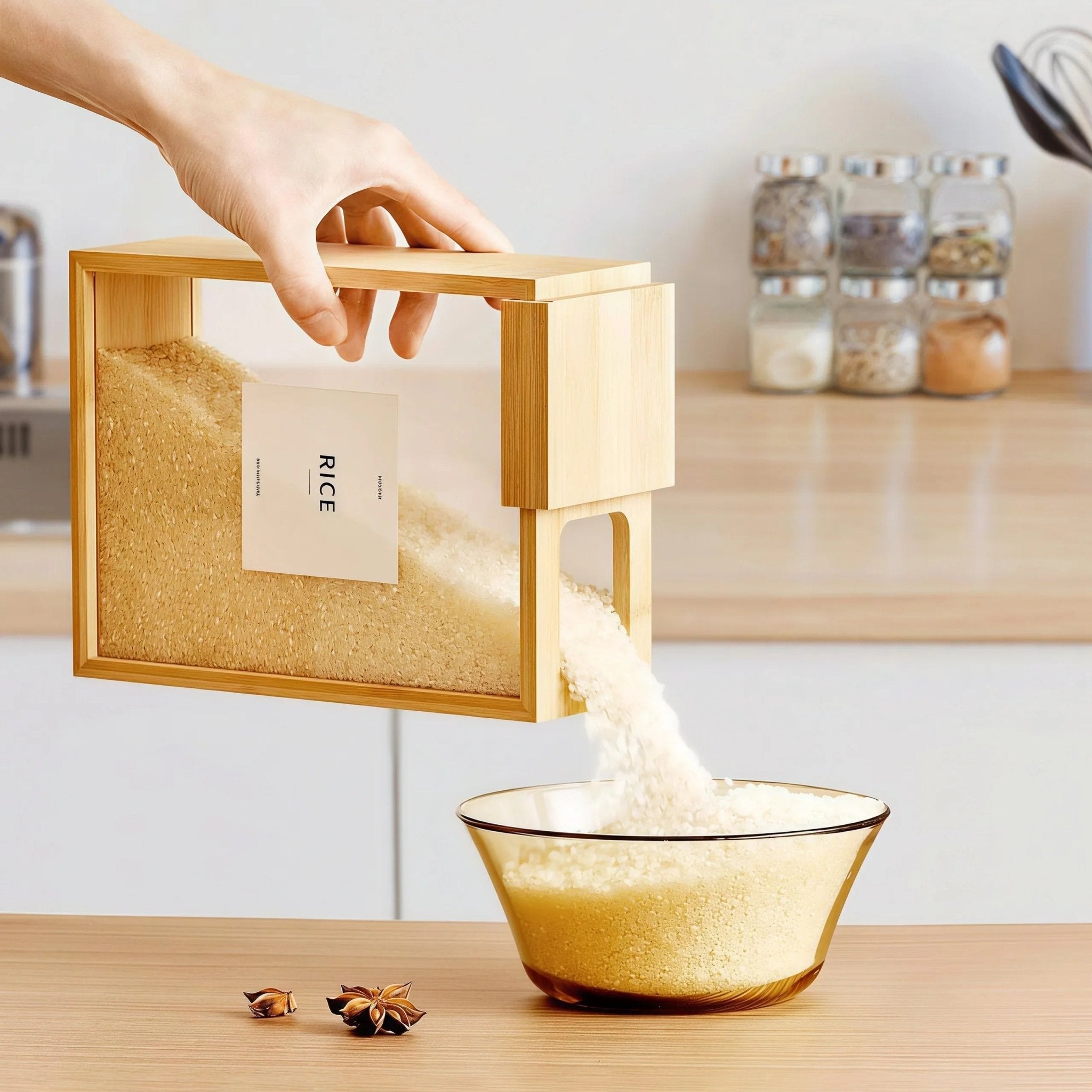 Oakory bamboo rice storage container with pour spout, used for dispensing rice into bowl