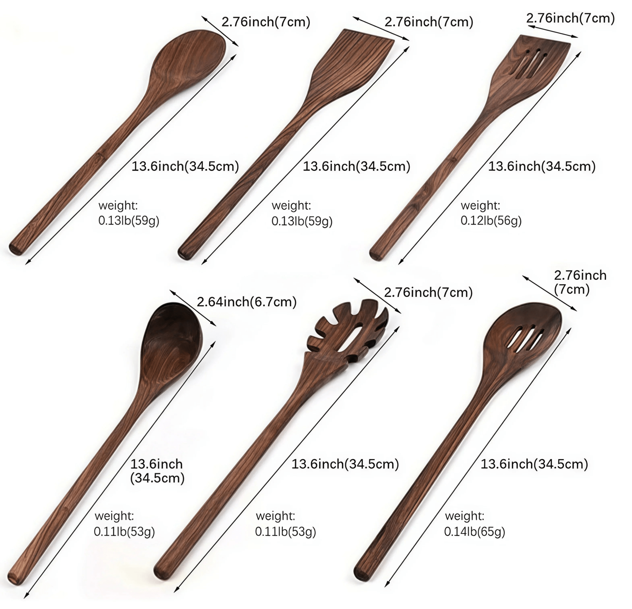 Size and weight specifications of Oakory 6-piece black walnut wooden kitchen utensils