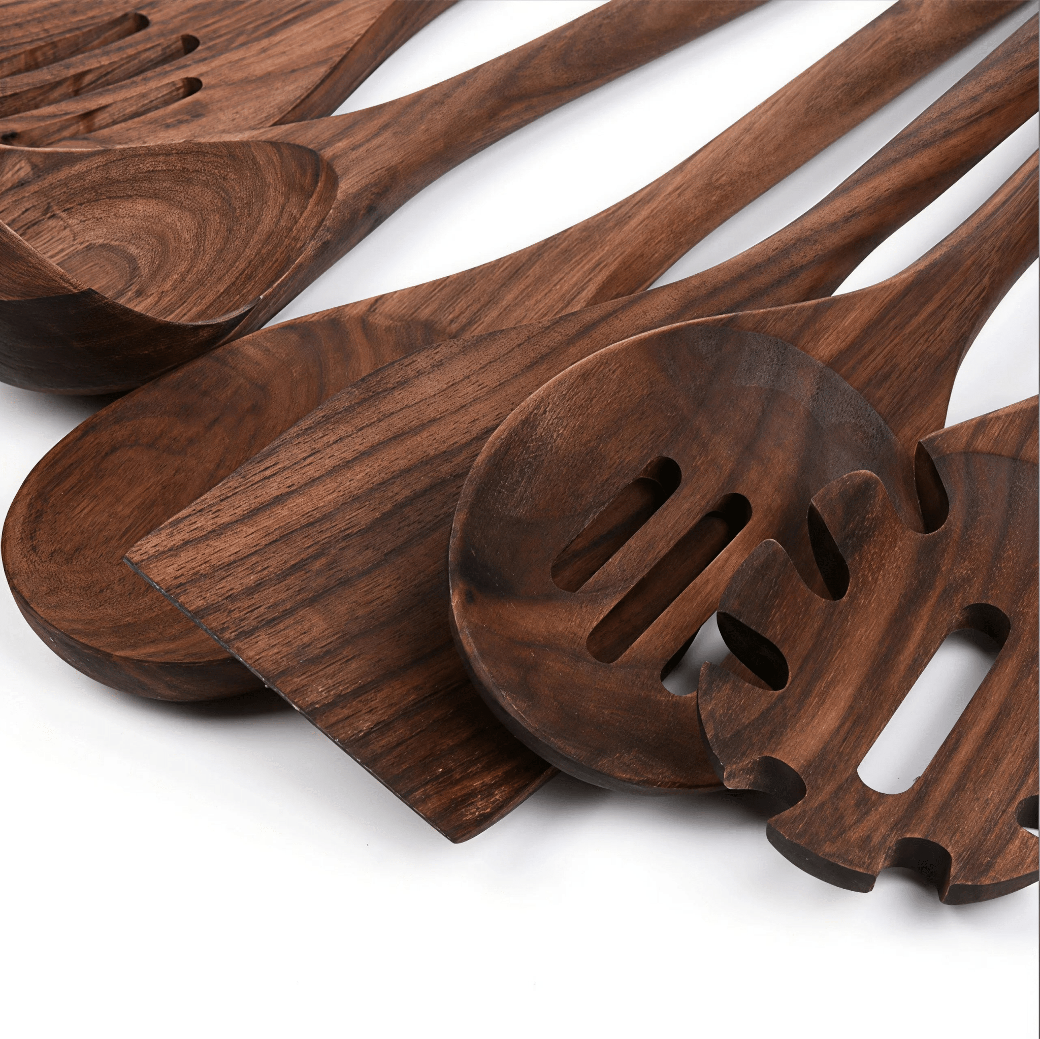 Close-up of Oakory black walnut wooden utensils showing natural wood grain and smooth finish