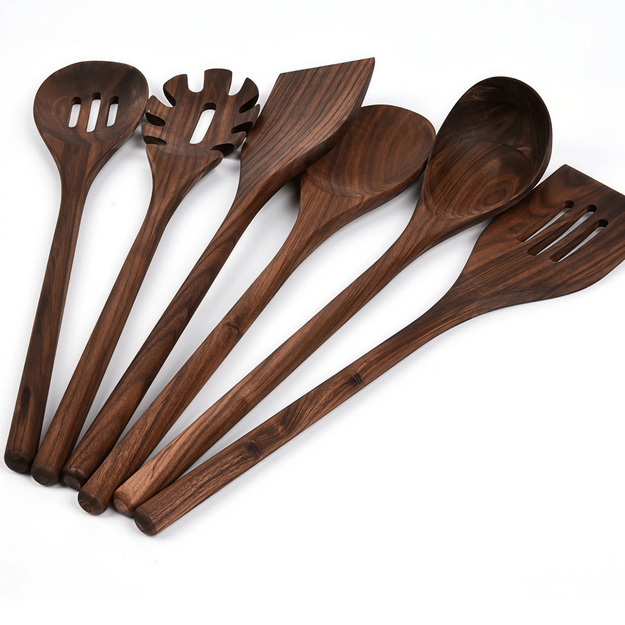 Side view of Oakory solid black walnut wooden kitchen utensils set showing ergonomic design