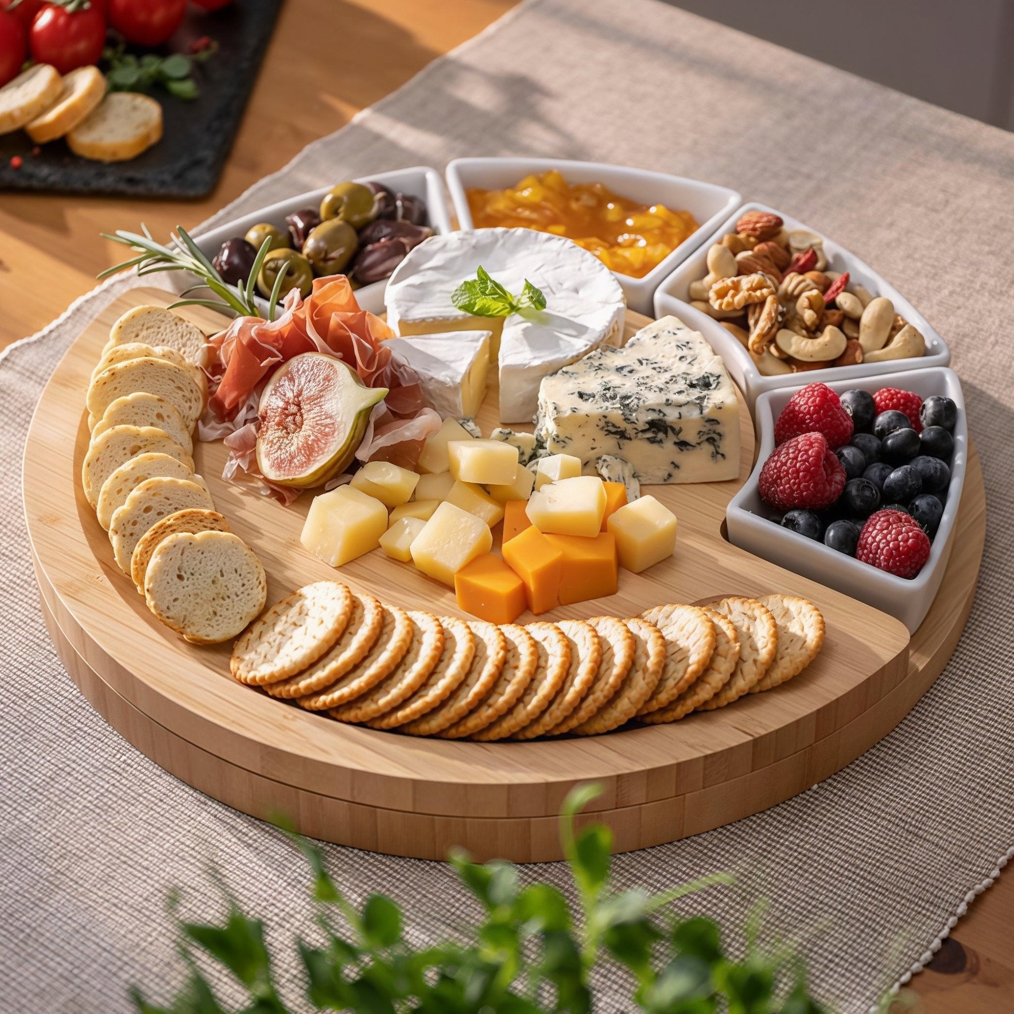 Oakory acacia wood charcuterie board styled with gourmet cheese, cured meats, and fresh berries