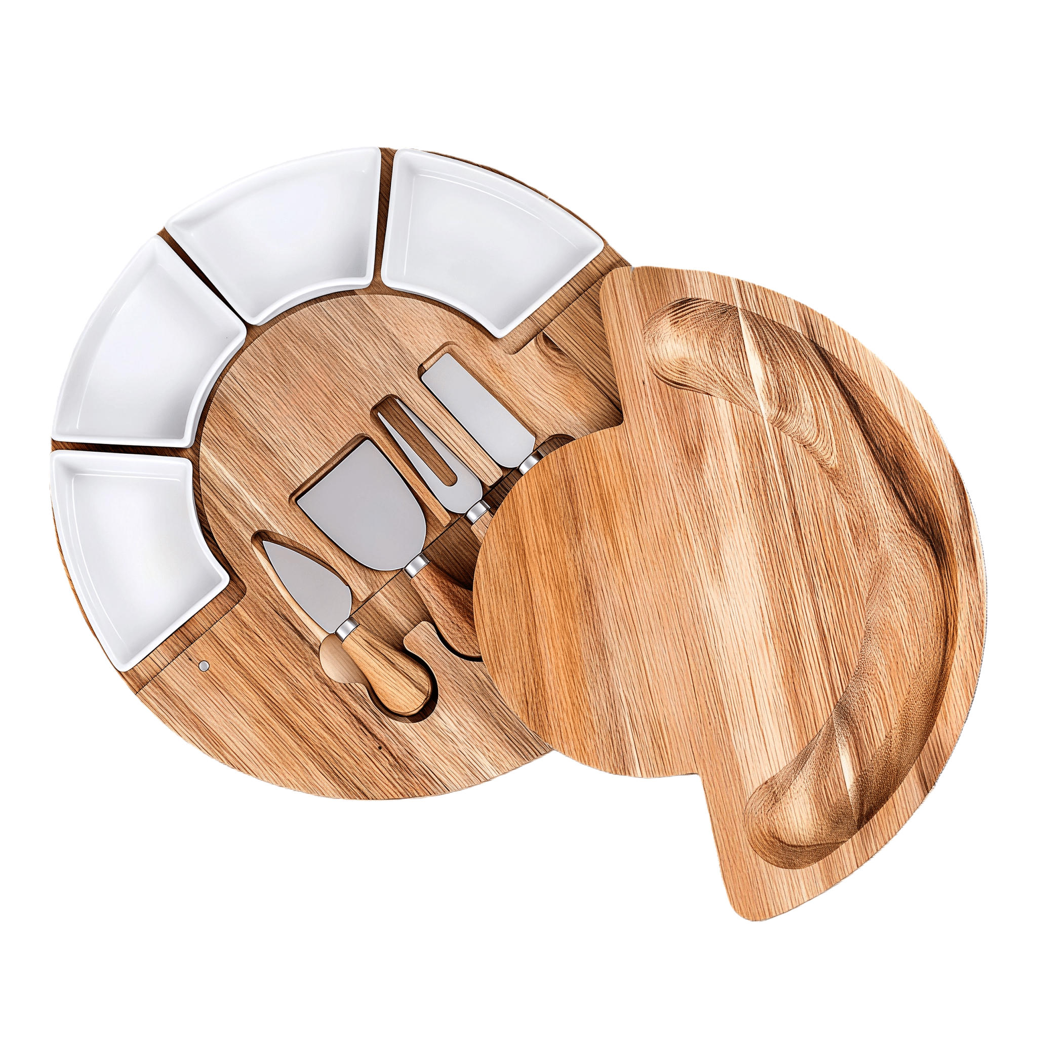 Oakory acacia wood cheese board set with ceramic bowls and stainless steel knives, charcuterie platter