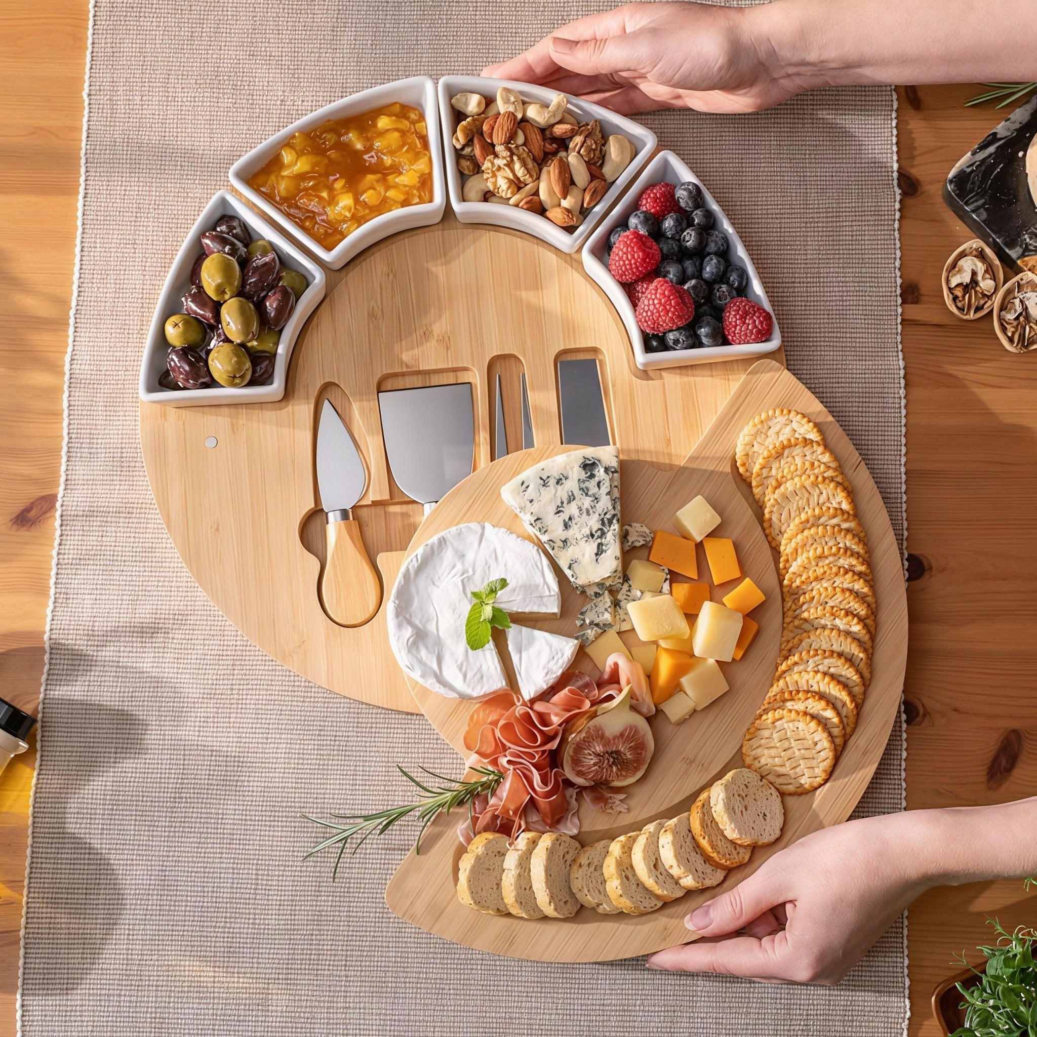 Oakory elegant acacia wood charcuterie board set styled with cheese, fruits, and crackers