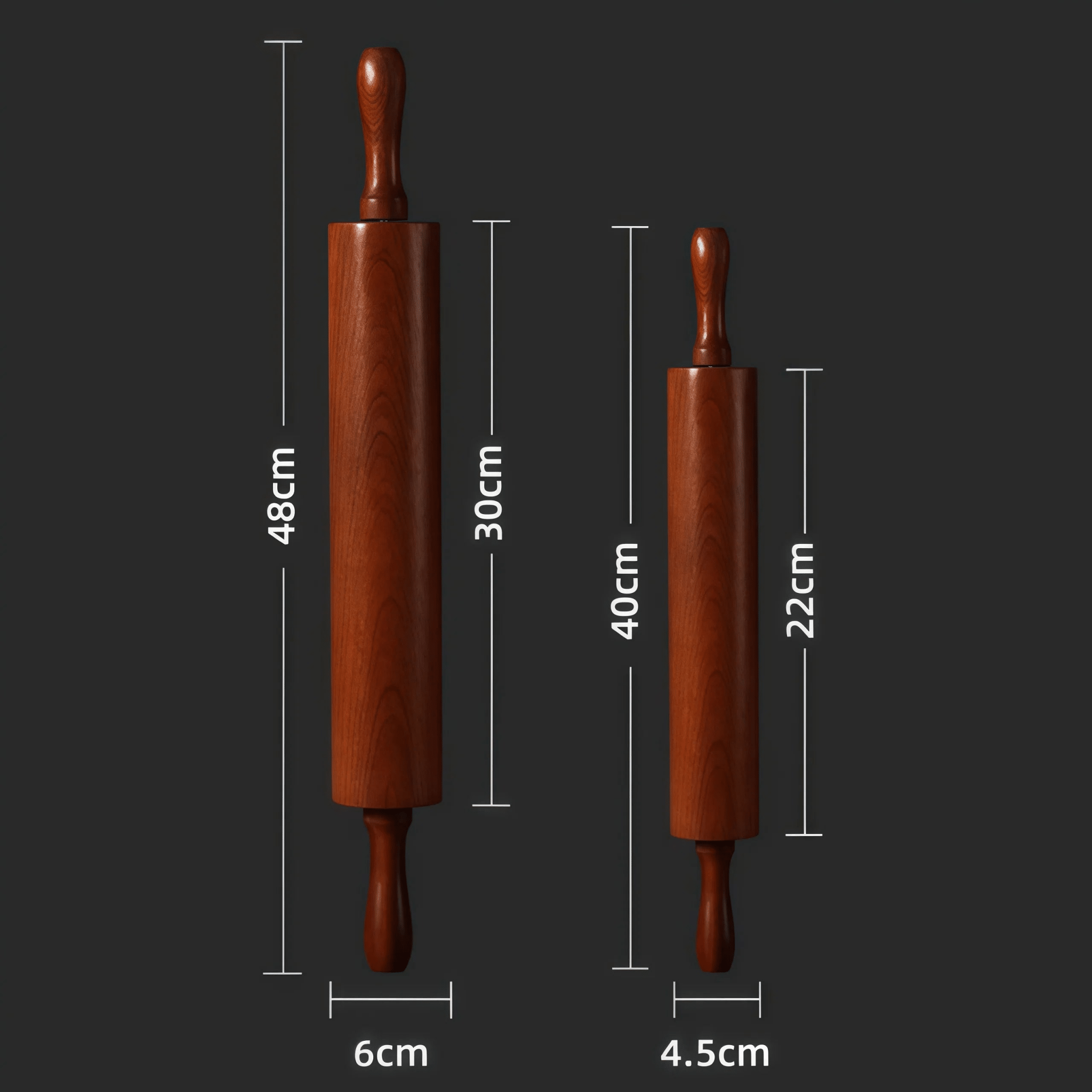 Size specifications of Oakory ebony wood rolling pins: large (48cm x 6cm), small (40cm x 4.5cm)