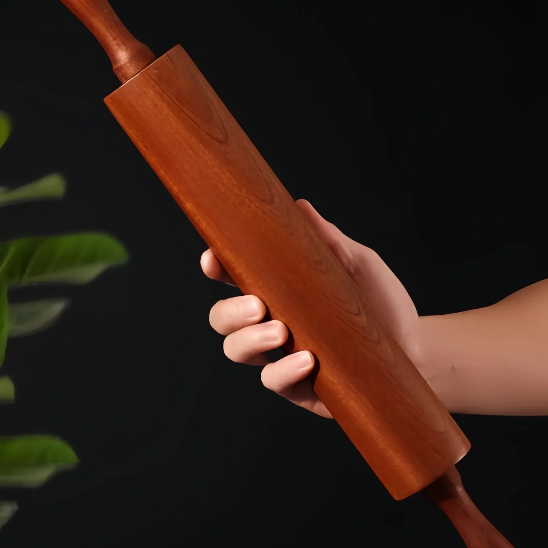 Close-up of Oakory ergonomic ebony wood rolling pin handle for comfortable grip