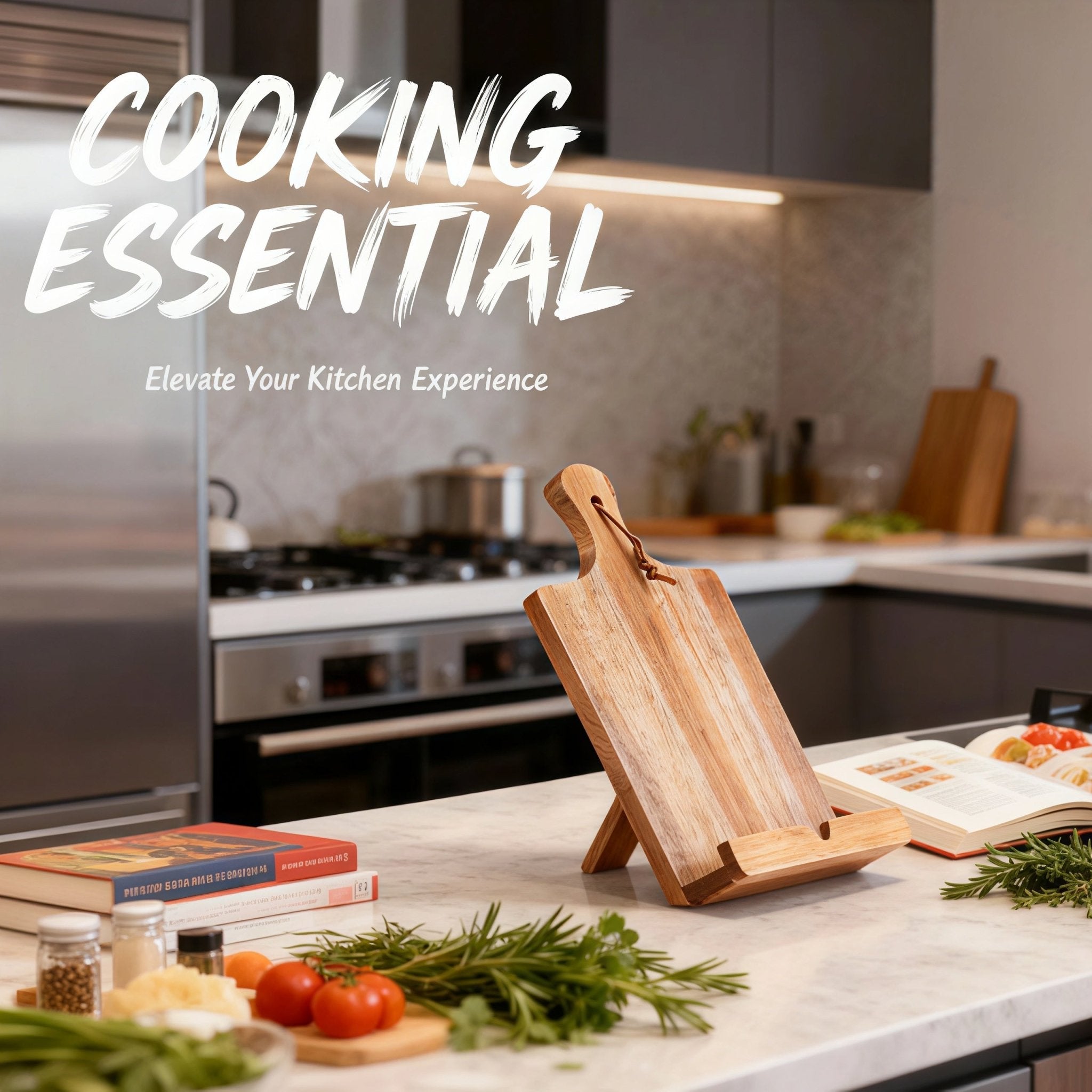 Oakory acacia wood cookbook stand displayed on modern kitchen counter with fresh ingredients and recipe books, "Cooking Essential" slogan