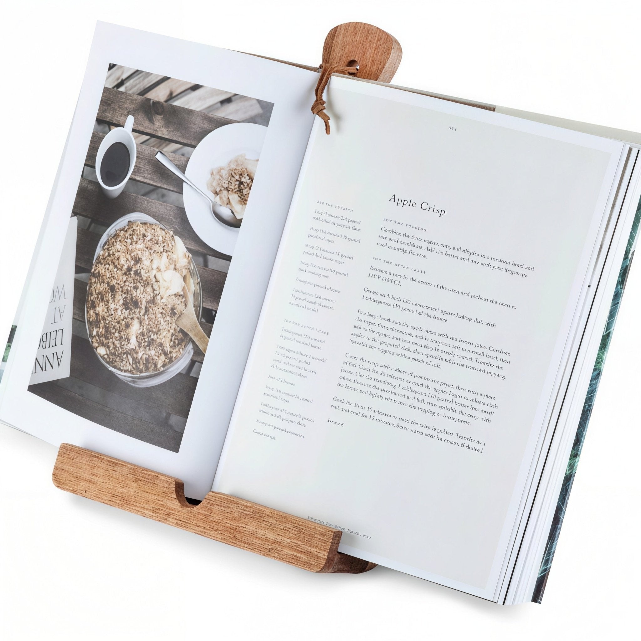 Oakory acacia cookbook stand holding apple crisp recipe book, kitchen meal prep setup
