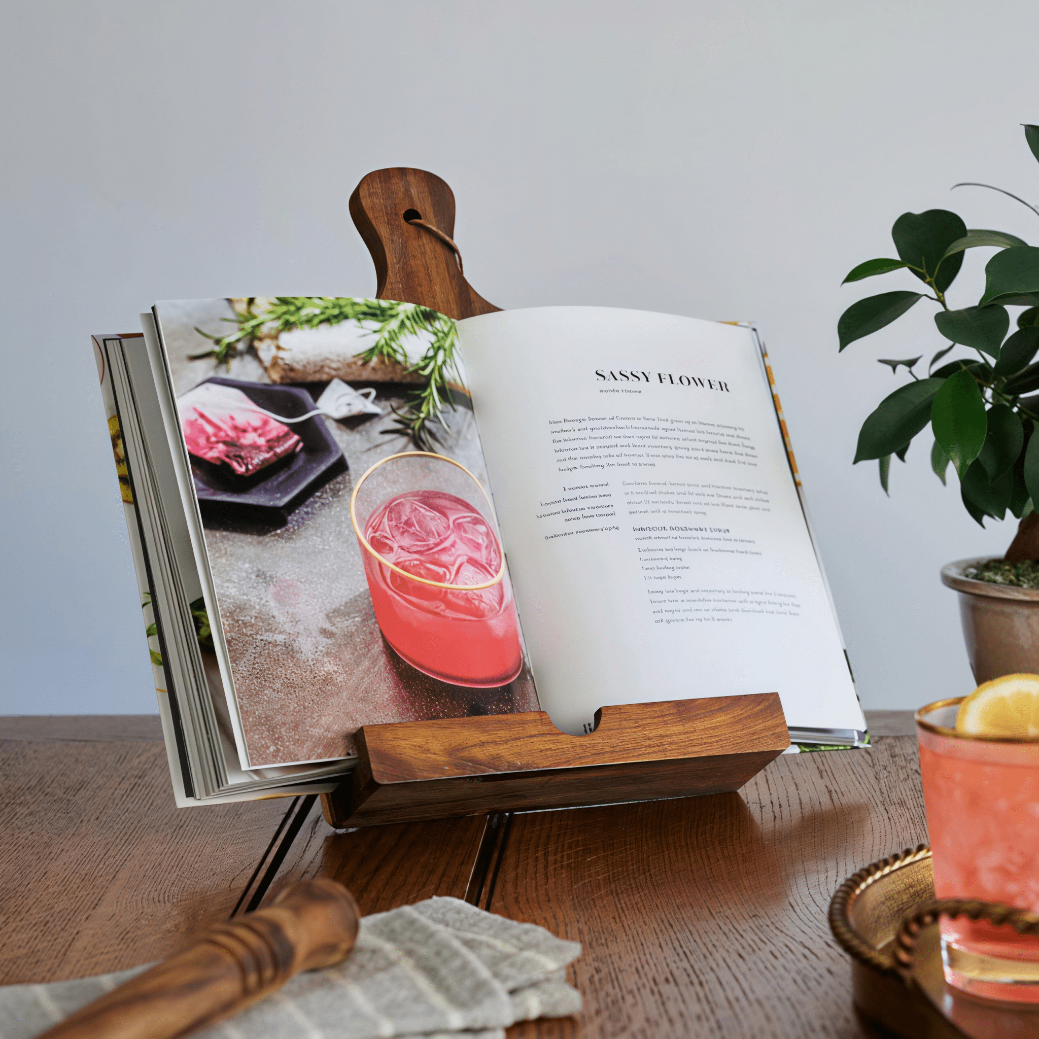 Oakory acacia cookbook stand holding cocktail recipe book on kitchen table with drink and plant