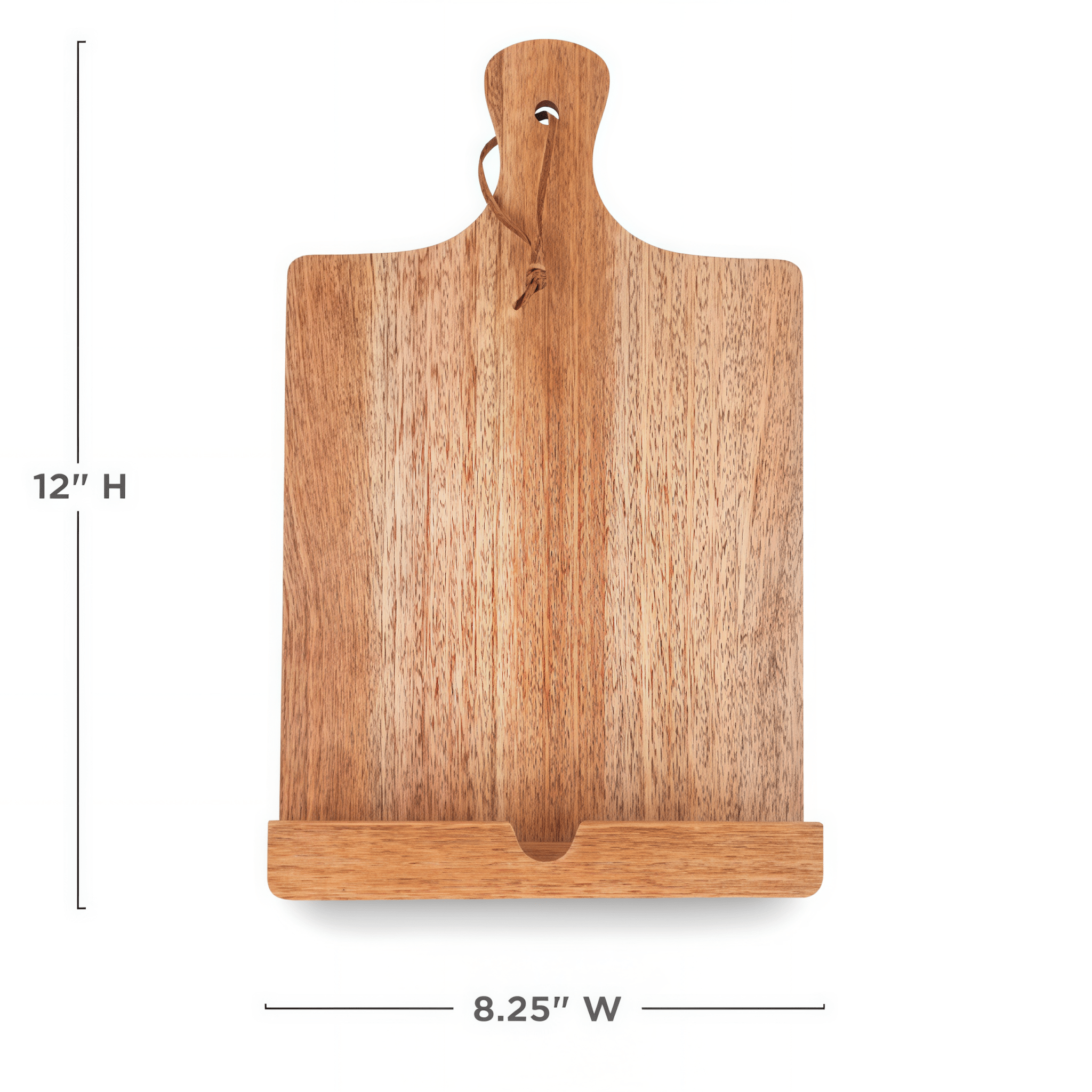 Size specifications of Oakory acacia cookbook stand: 12" H x 8.25" W