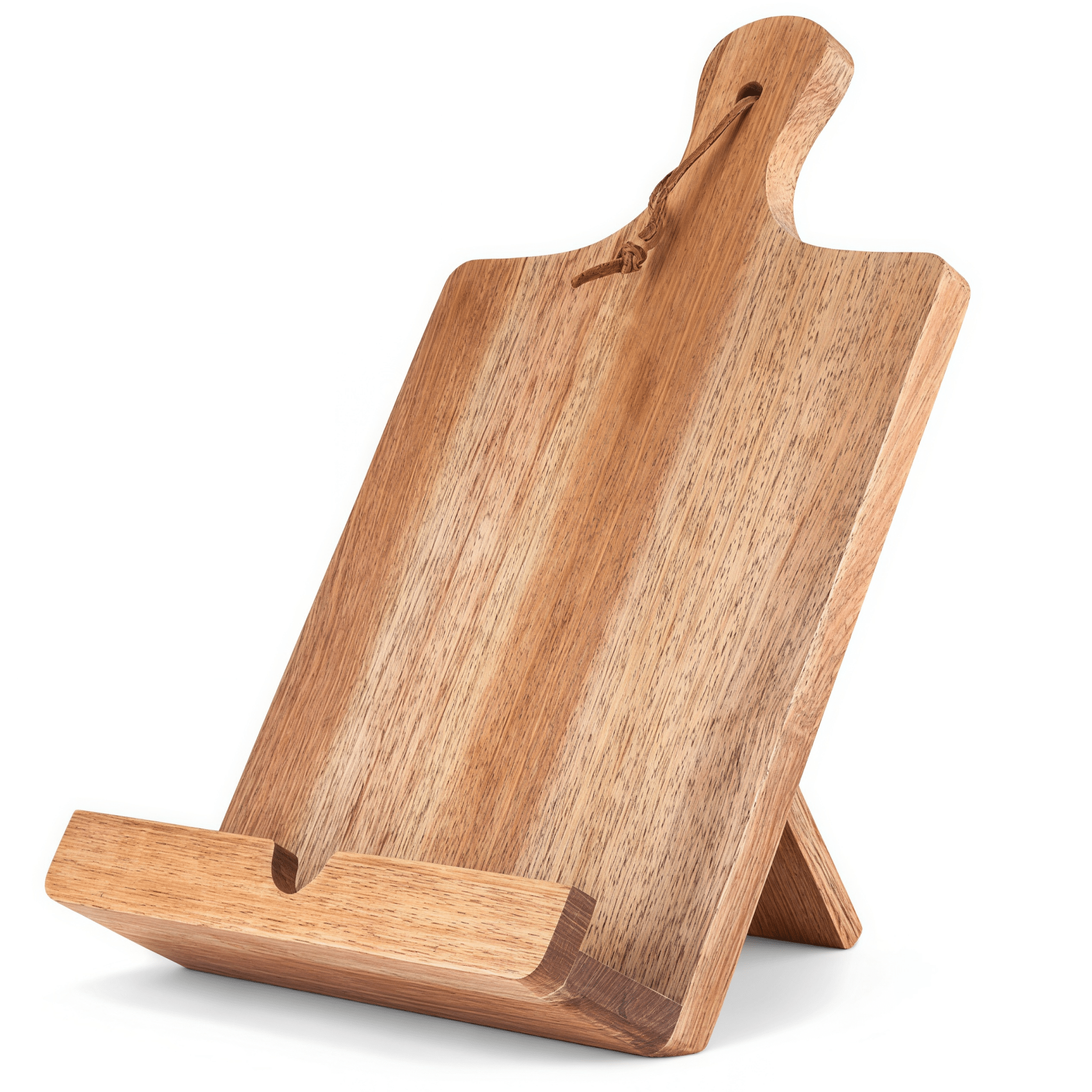 Oakory acacia wood cookbook stand with foldable design, hanging leather strap