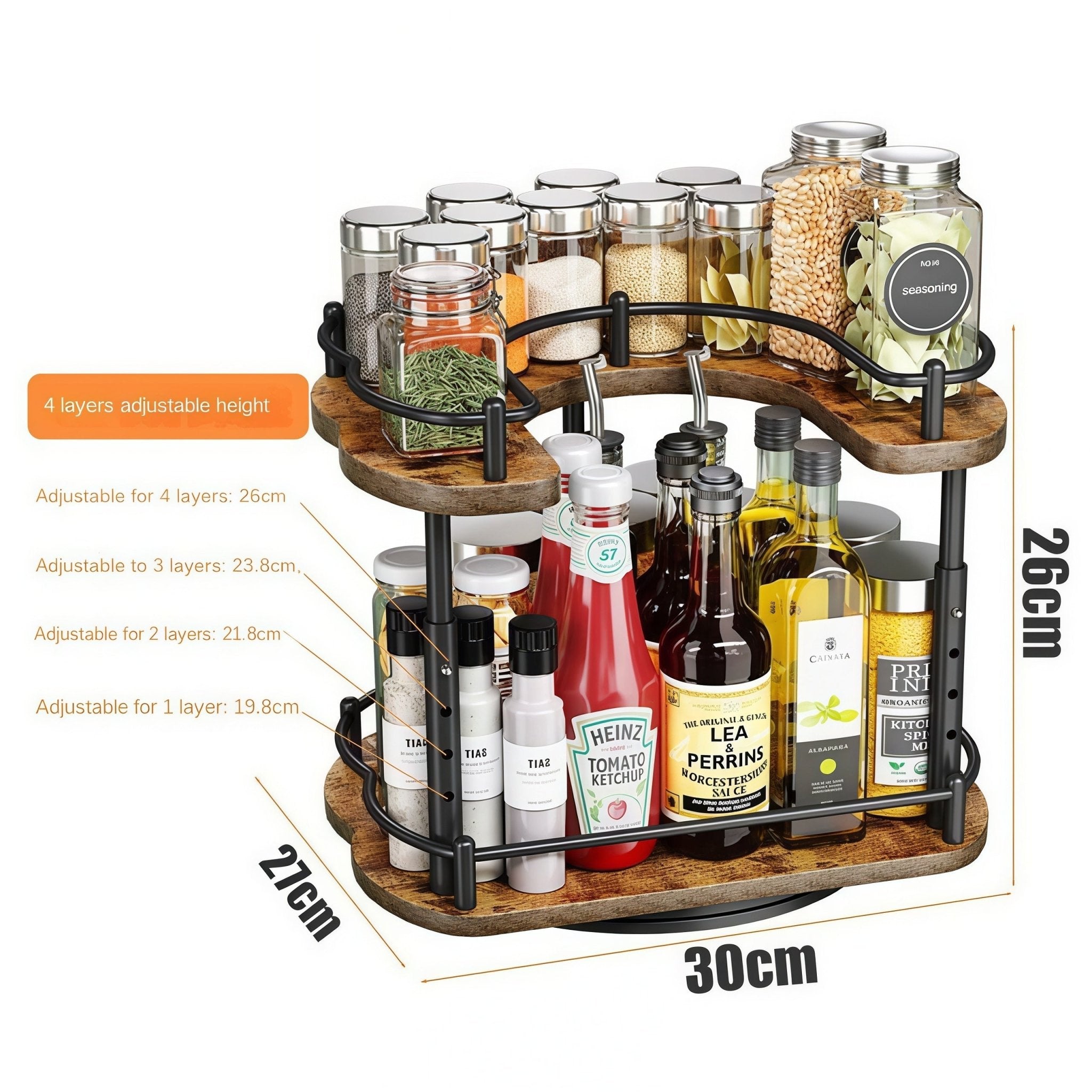 Size specifications of Oakory D-shape spice rack: 30cm x 27cm x 26cm, 4 height settings