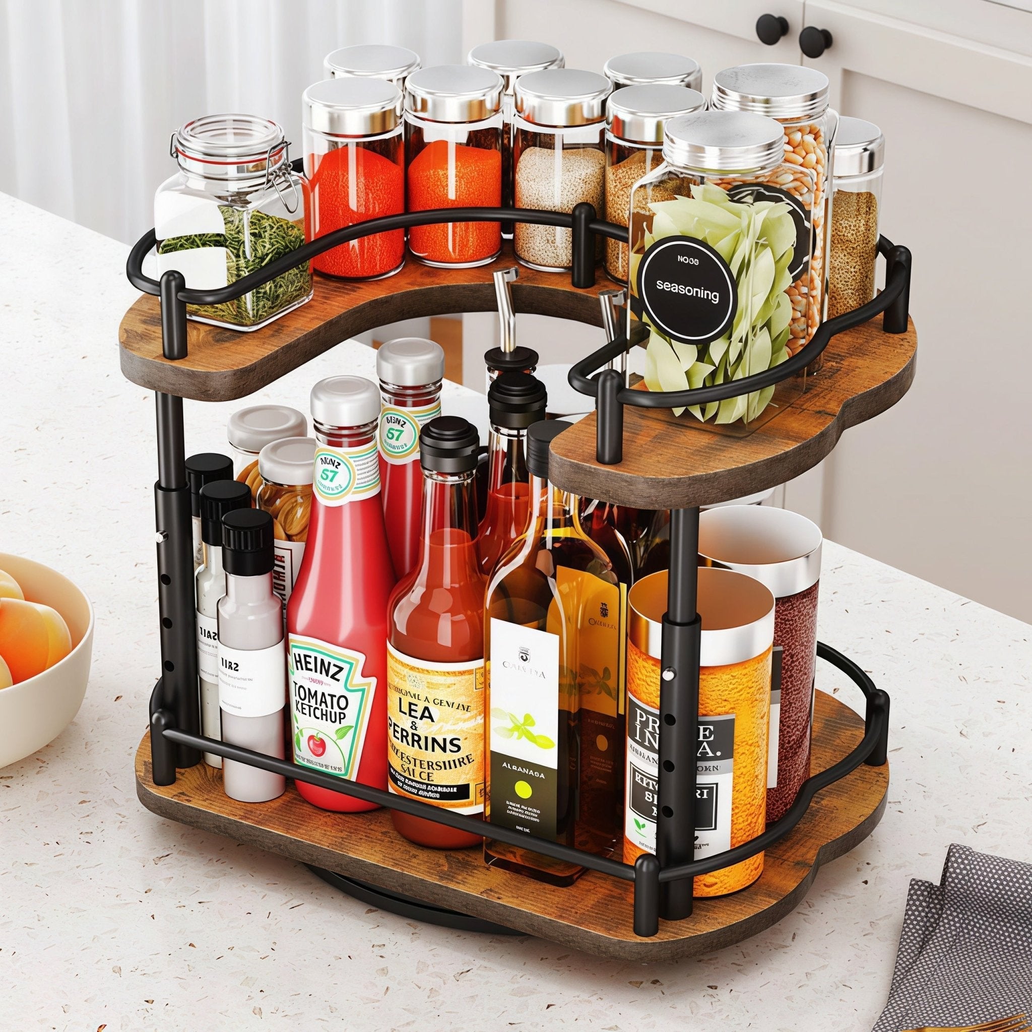 Oakory D-shape revolving spice rack filled with jars and condiments on kitchen counter